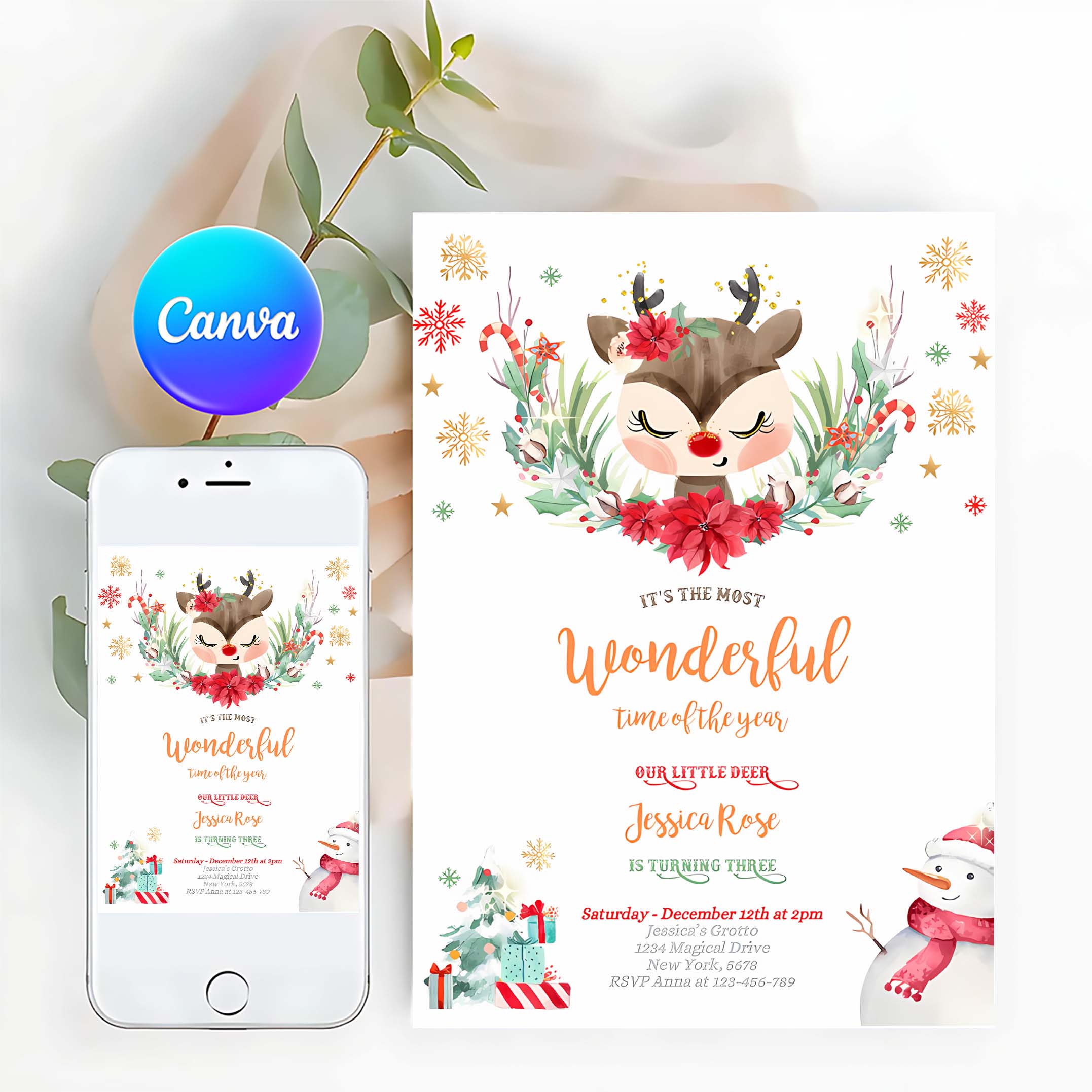 Editable Reindeer Birthday Invitation Girl Christmas Reindeer Birthday Invitation North Pole Christmas Party