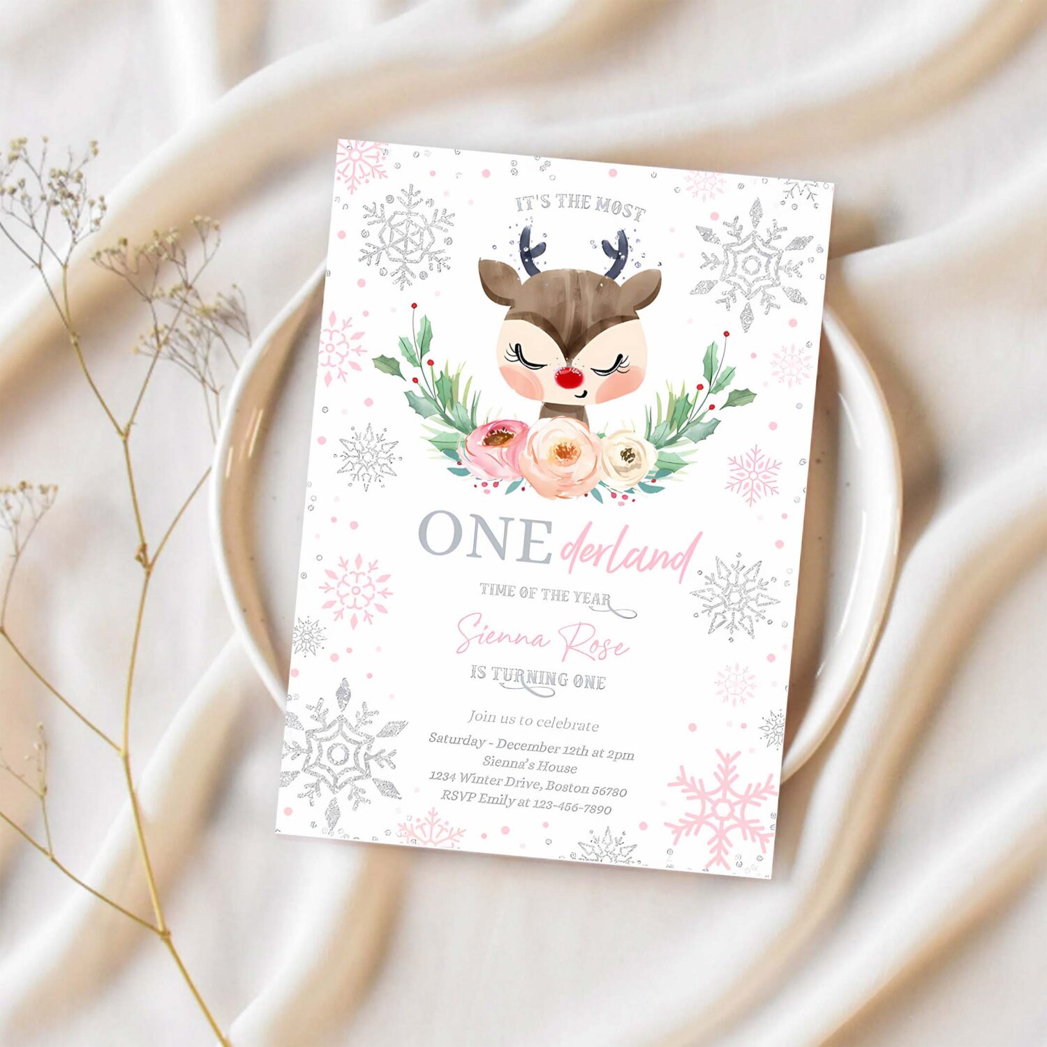 Editable reindeer winter onederland birthday invitation pink silver most onederful time of the christmas birthday 1
