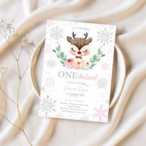 Editable reindeer winter onederland birthday invitation pink silver most onederful time of the christmas birthday 1