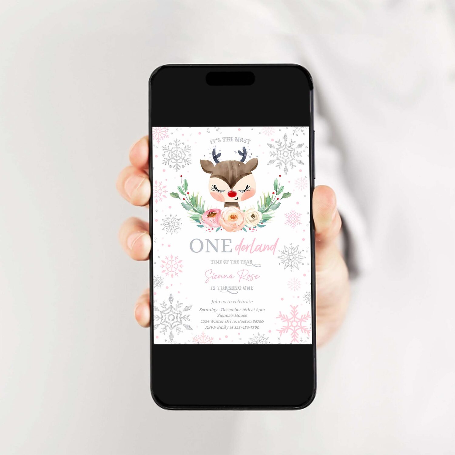 Editable reindeer winter onederland birthday invitation pink silver most onederful time of the christmas birthday 2