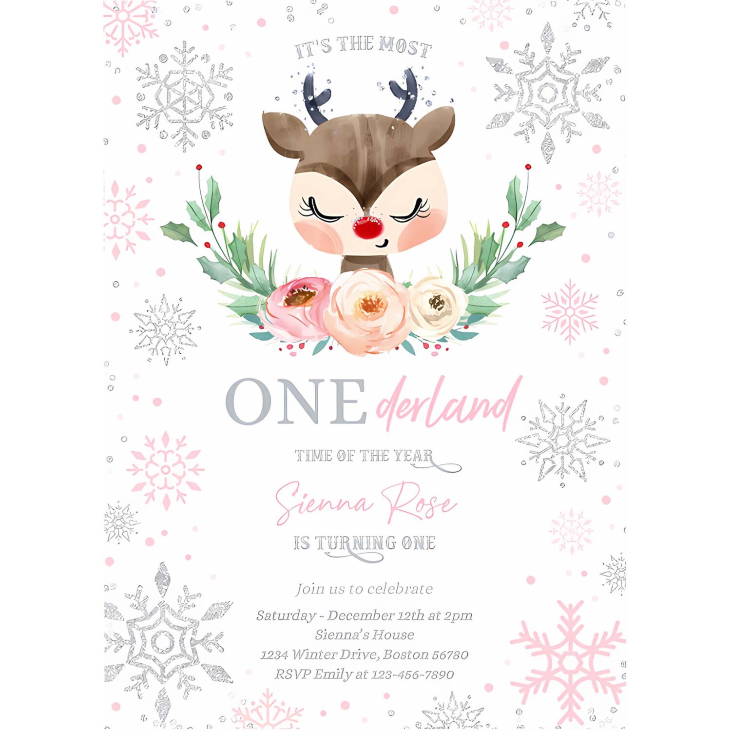 Editable reindeer winter onederland birthday invitation pink silver most onederful time of the christmas birthday 4