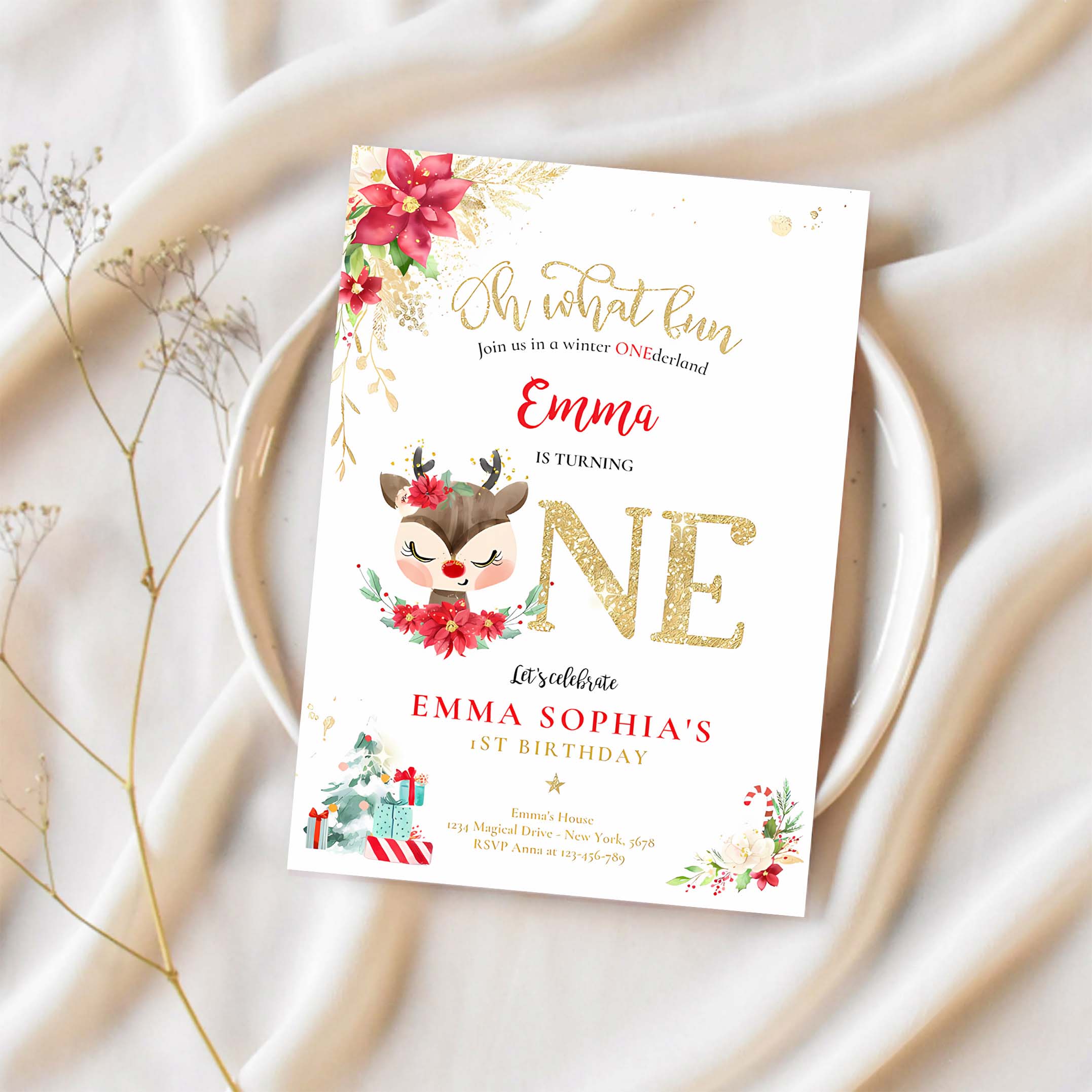 Editable Reindeer Winter ONEderland Birthday Invitation Reindeer Christmas 1st Birthday Invite Christmas 1st Birthday
