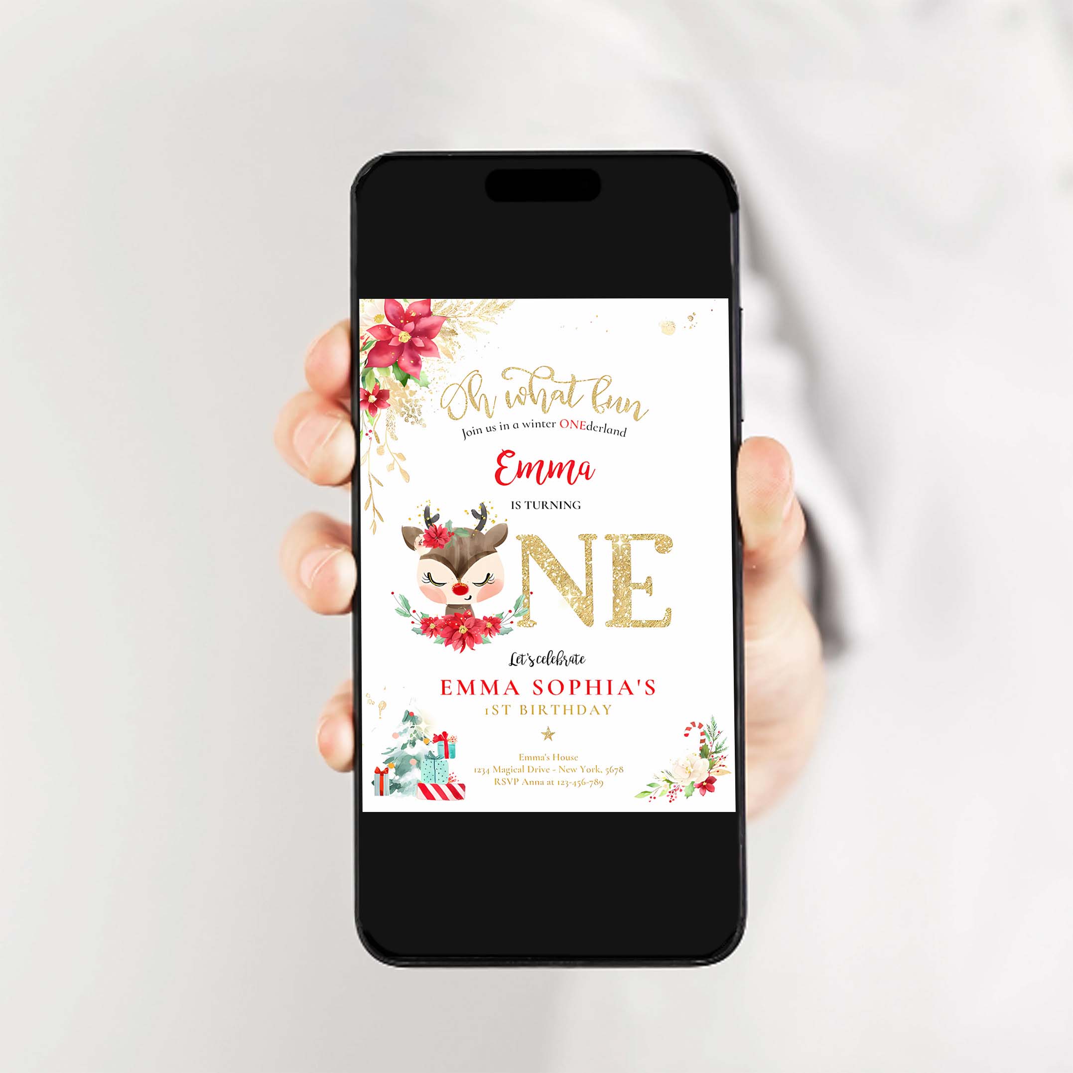 Editable Reindeer Winter ONEderland Birthday Invitation Reindeer Christmas 1st Birthday Invite Christmas 1st Birthday