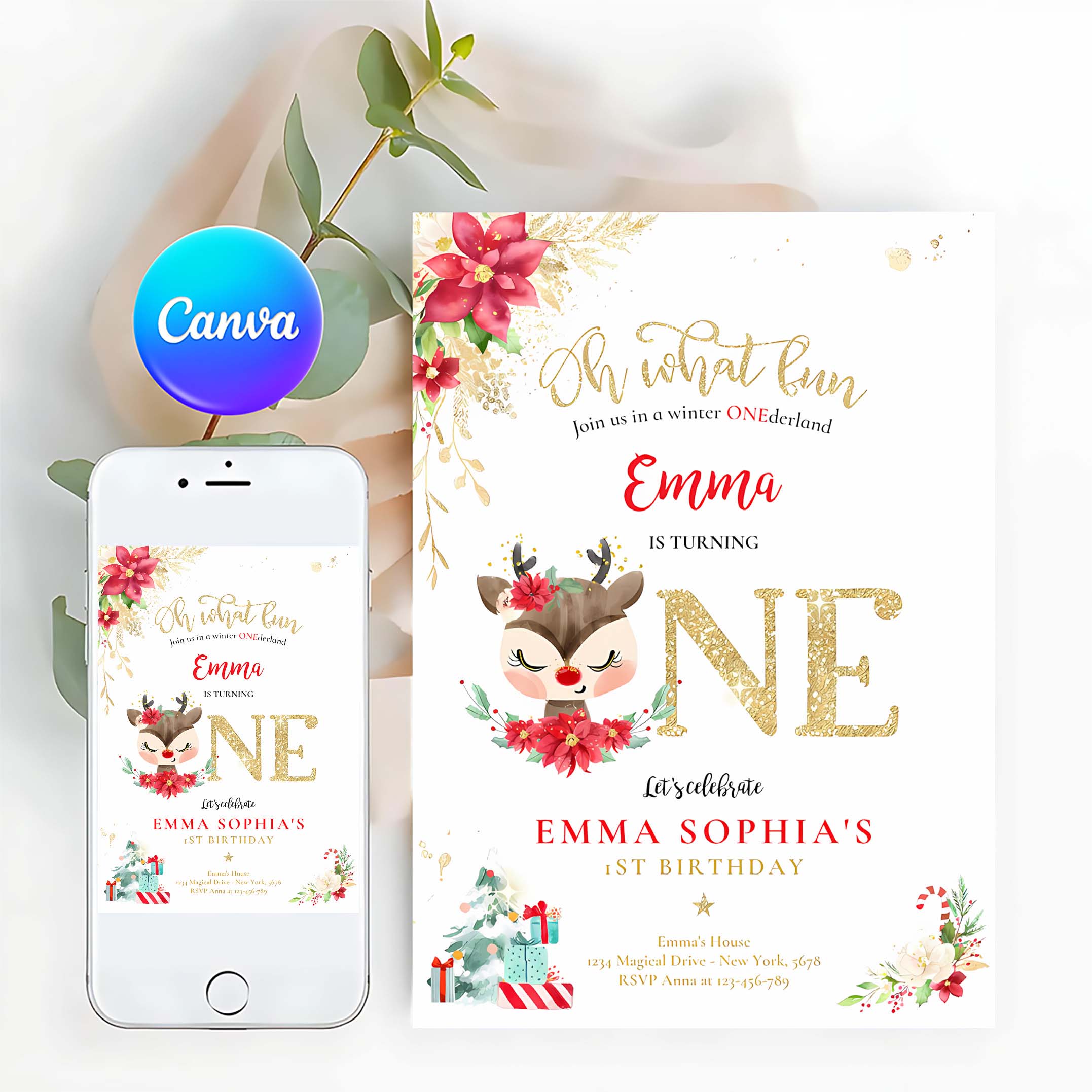 Editable Reindeer Winter ONEderland Birthday Invitation Reindeer Christmas 1st Birthday Invite Christmas 1st Birthday