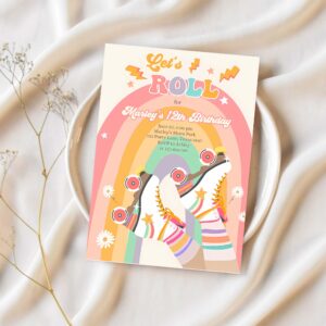 Editable retro roller skate birthday party invitation lets roll skating kids rainbow 70s skate invite download template 1