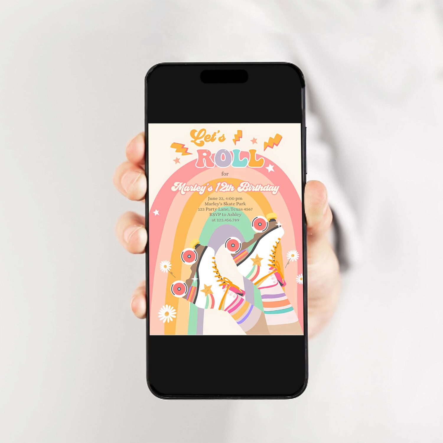 Editable retro roller skate birthday party invitation lets roll skating kids rainbow 70s skate invite download template 2
