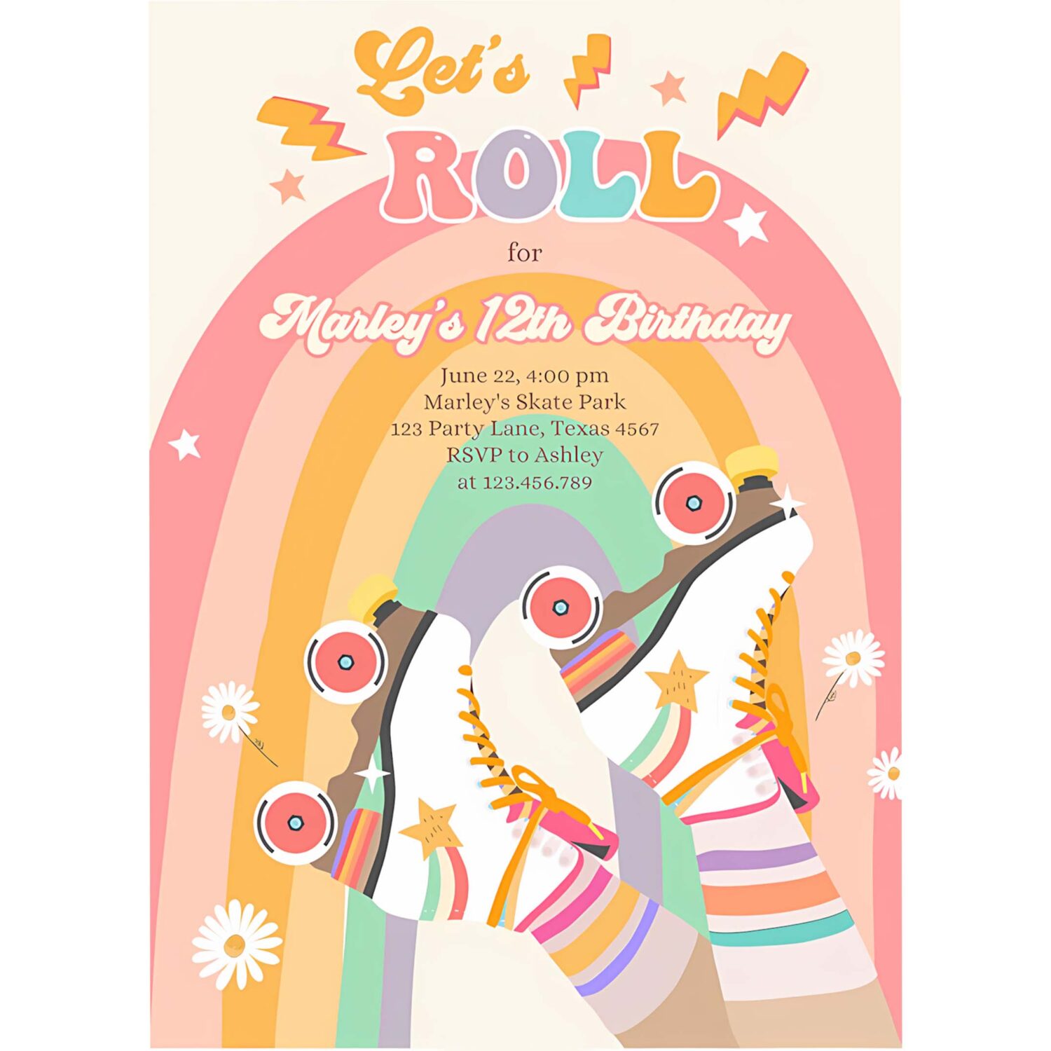 Editable retro roller skate birthday party invitation lets roll skating kids rainbow 70s skate invite download template 4