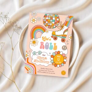 Editable retro roller skate birthday party invitation lets roll skating kids rainbow 70s skate invite download template corjl digital 0459 1