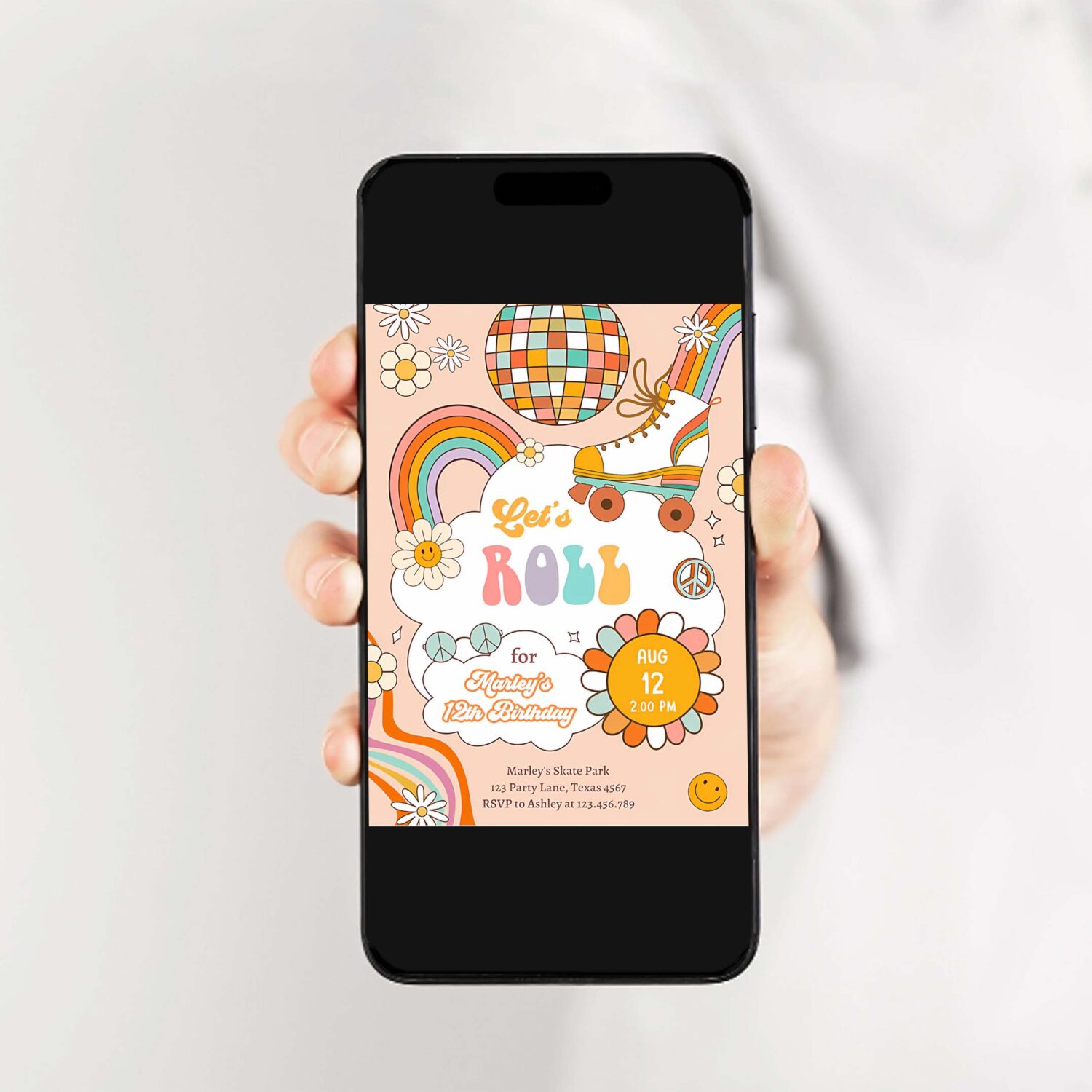 Editable retro roller skate birthday party invitation lets roll skating kids rainbow 70s skate invite download template corjl digital 0459 2