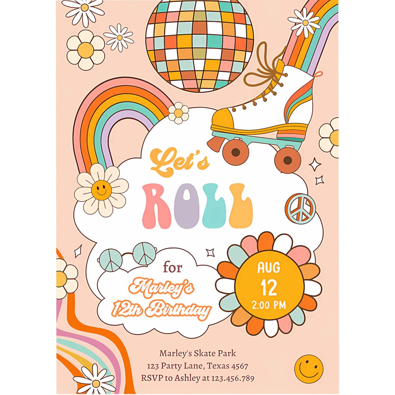 Editable retro roller skate birthday party invitation lets roll skating kids rainbow 70s skate invite download template corjl digital 0459 4