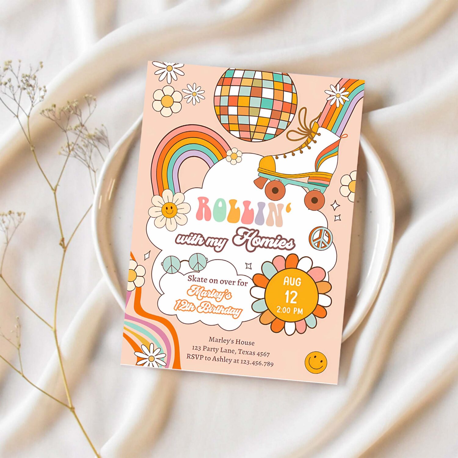 Editable retro roller skate birthday party invitation rollin with my homies skating 70s skate invite download template corjl digital 0459 1
