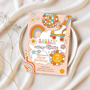 Editable retro roller skate birthday party invitation rollin with my homies skating 70s skate invite download template corjl digital 0459 1