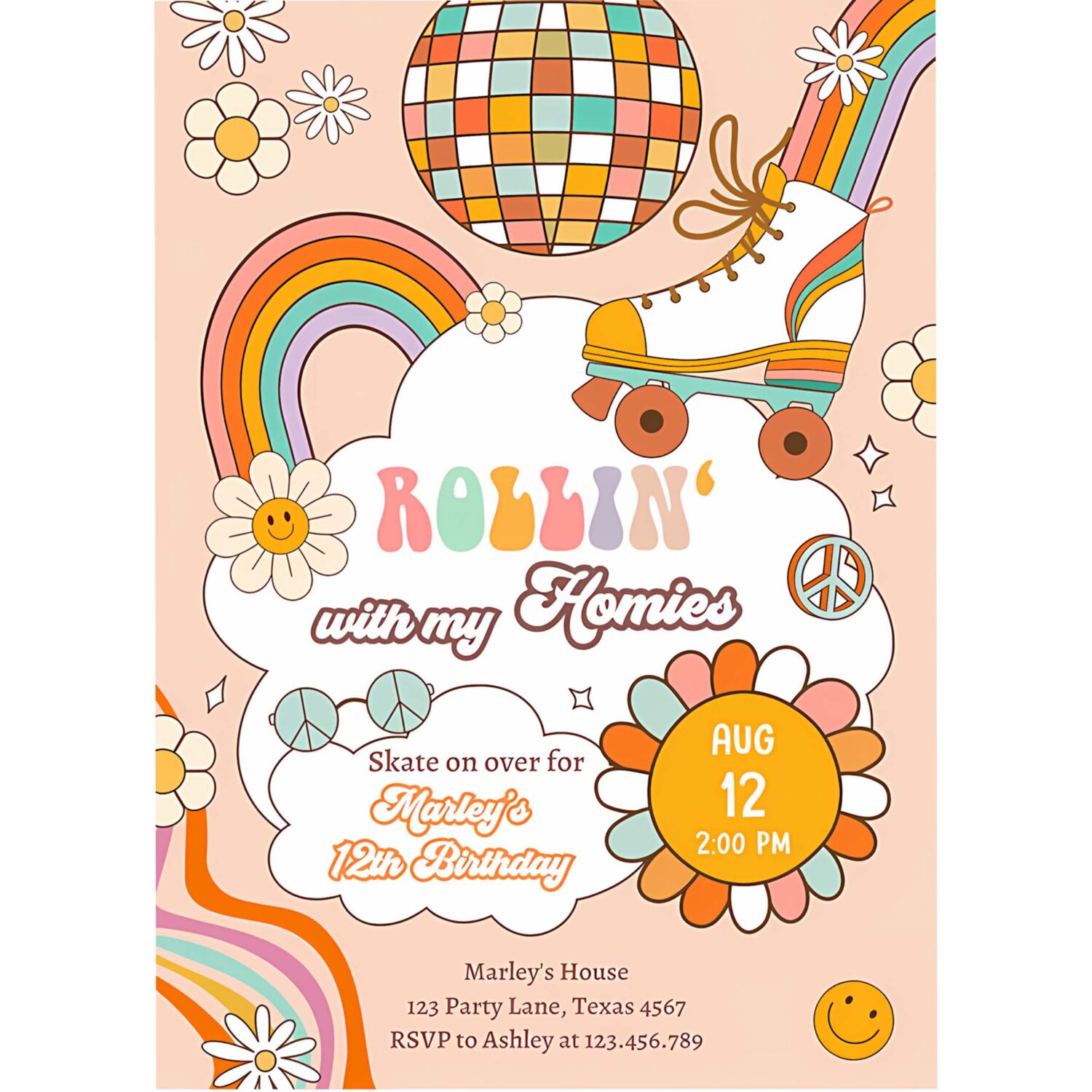 Editable retro roller skate birthday party invitation rollin with my homies skating 70s skate invite download template corjl digital 0459 4