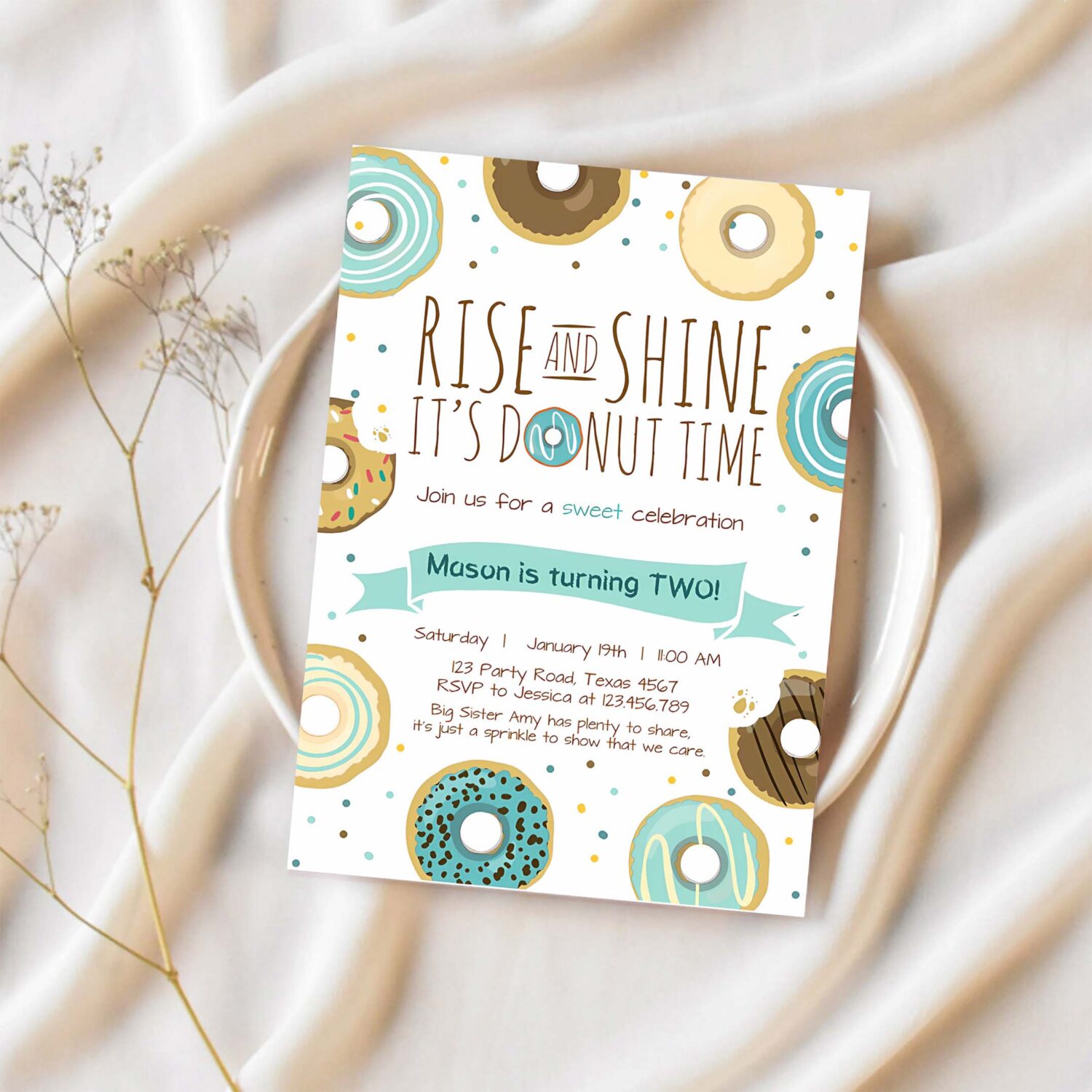Editable rise and shine donut time birthday invitation any age sweet boy birthday party blue doughnut digital corjl template printable 0050 1