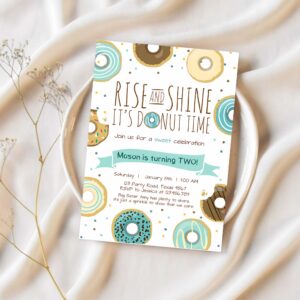 Editable rise and shine donut time birthday invitation any age sweet boy birthday party blue doughnut digital corjl template printable 0050 1