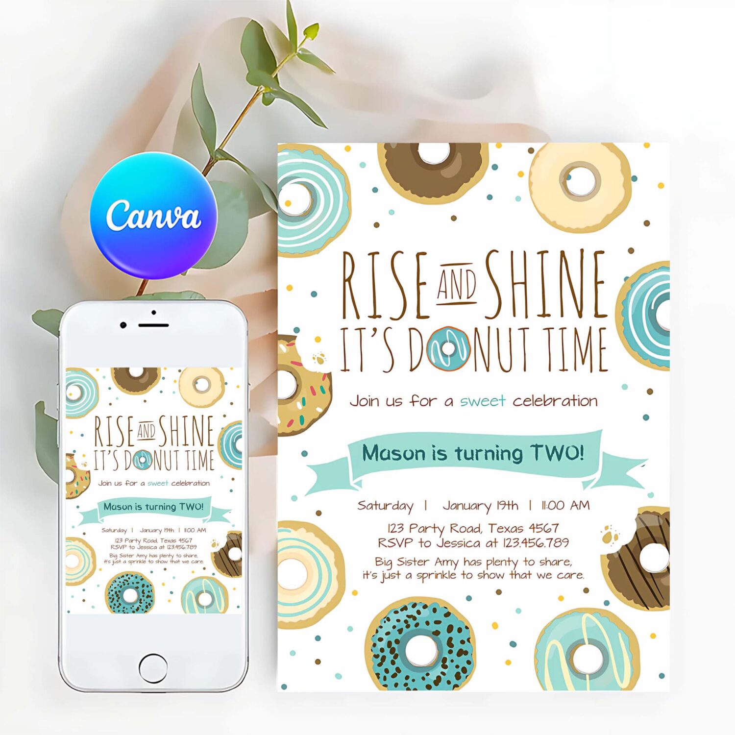 Editable rise and shine donut time birthday invitation any age sweet boy birthday party blue doughnut digital corjl template printable 0050