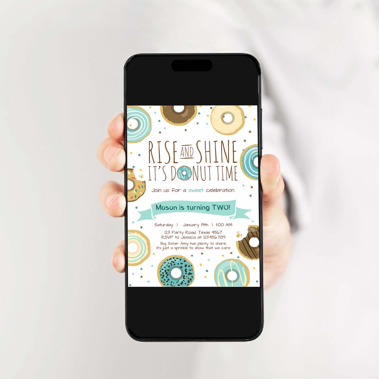 Editable rise and shine donut time birthday invitation any age sweet boy birthday party blue doughnut digital corjl template printable 0050 2