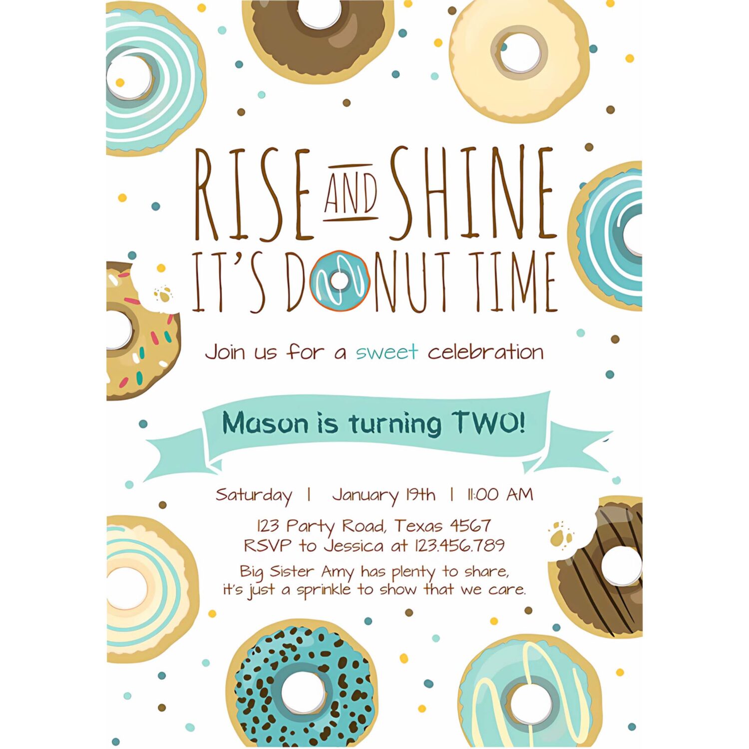 Editable rise and shine donut time birthday invitation any age sweet boy birthday party blue doughnut digital corjl template printable 0050 4