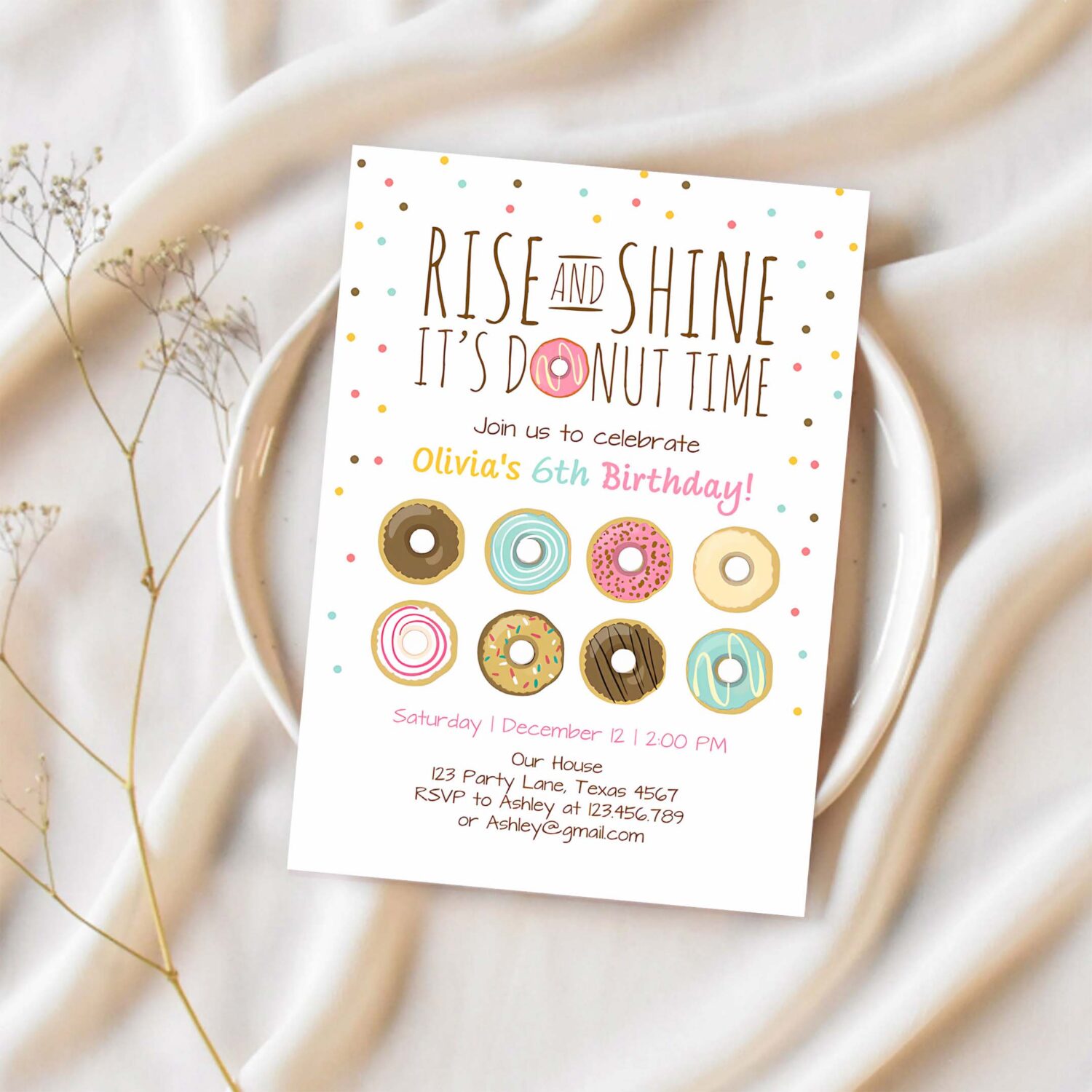 Editable rise and shine donut time birthday invitation any age sweet girl birthday party pink doughnut digital corjl template printable 0050 1