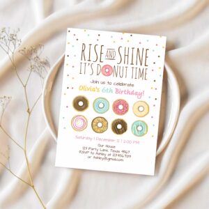 Editable rise and shine donut time birthday invitation any age sweet girl birthday party pink doughnut digital corjl template printable 0050 1