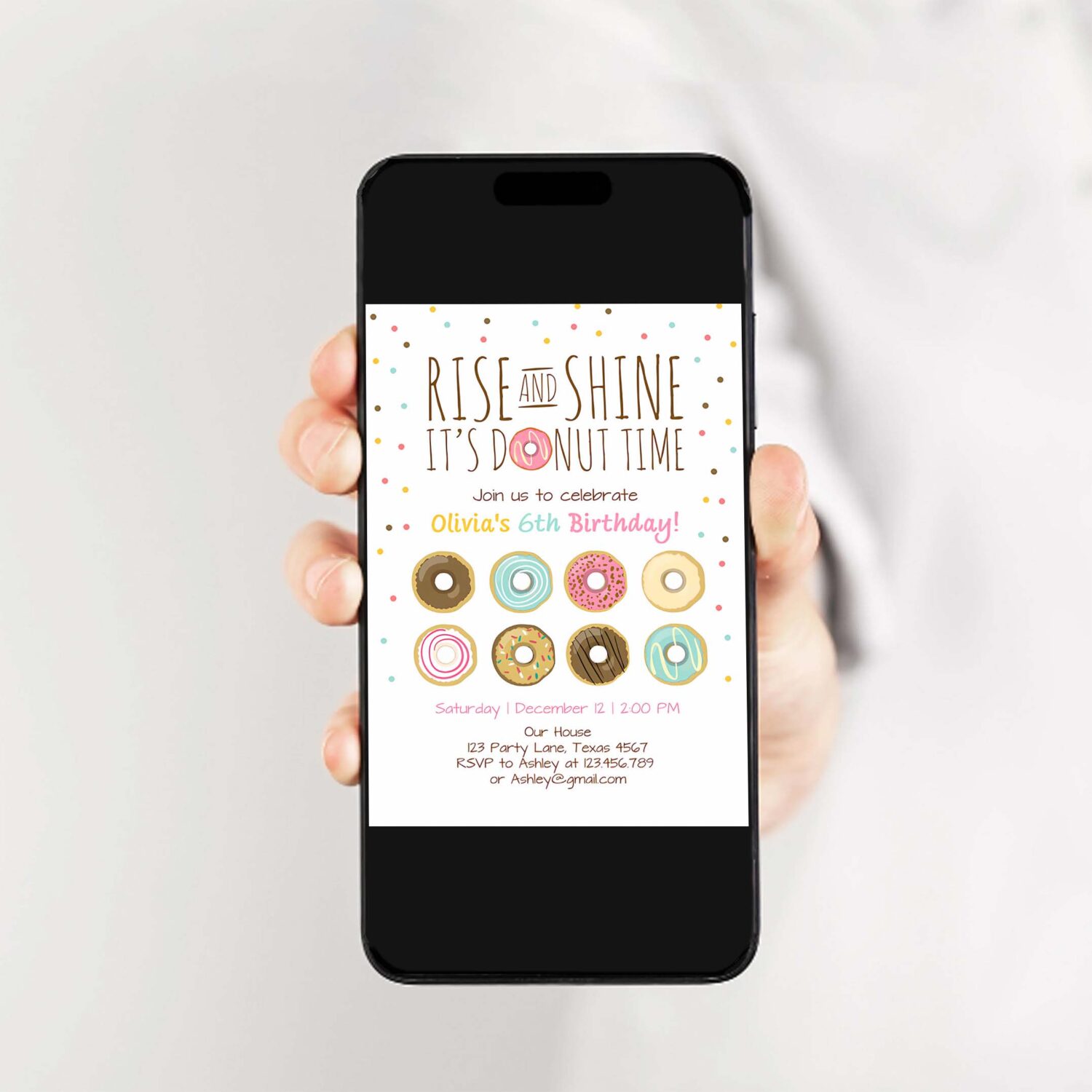 Editable rise and shine donut time birthday invitation any age sweet girl birthday party pink doughnut digital corjl template printable 0050 2