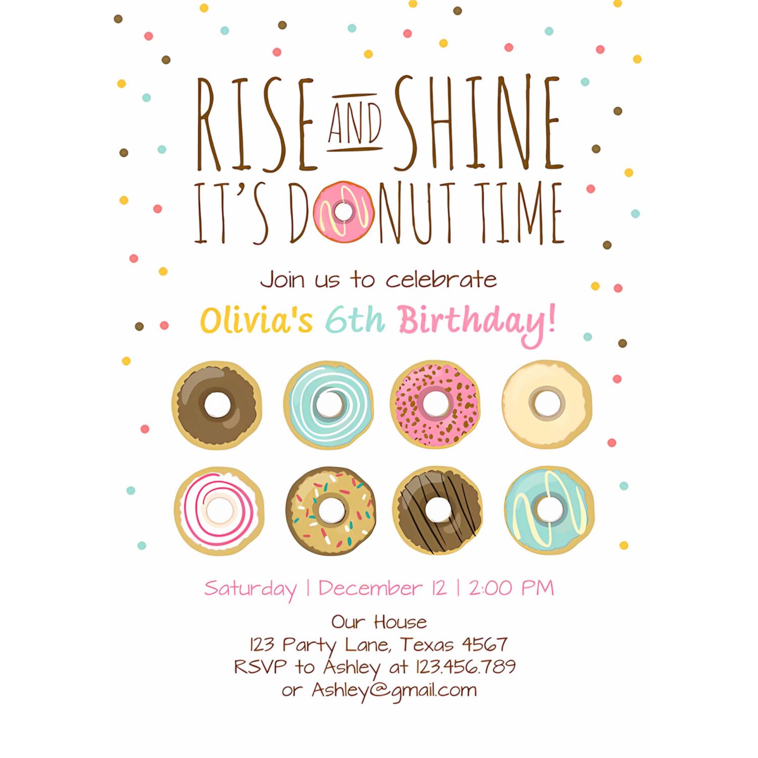 Editable rise and shine donut time birthday invitation any age sweet girl birthday party pink doughnut digital corjl template printable 0050 4