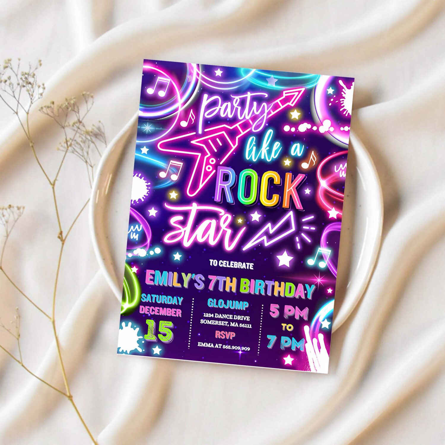 Editable rock star birthday party invitation neon glow party like a rockstar birthday neon glow singing music party 1