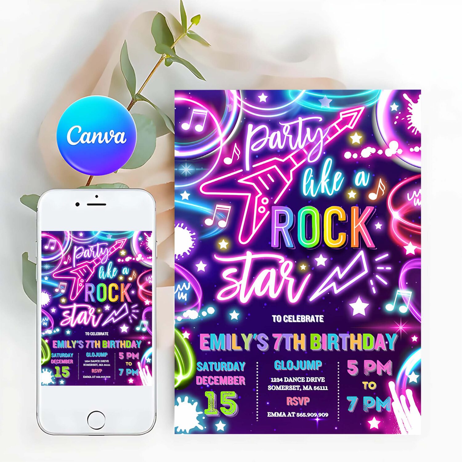 Editable rock star birthday party invitation neon glow party like a rockstar birthday neon glow singing music party
