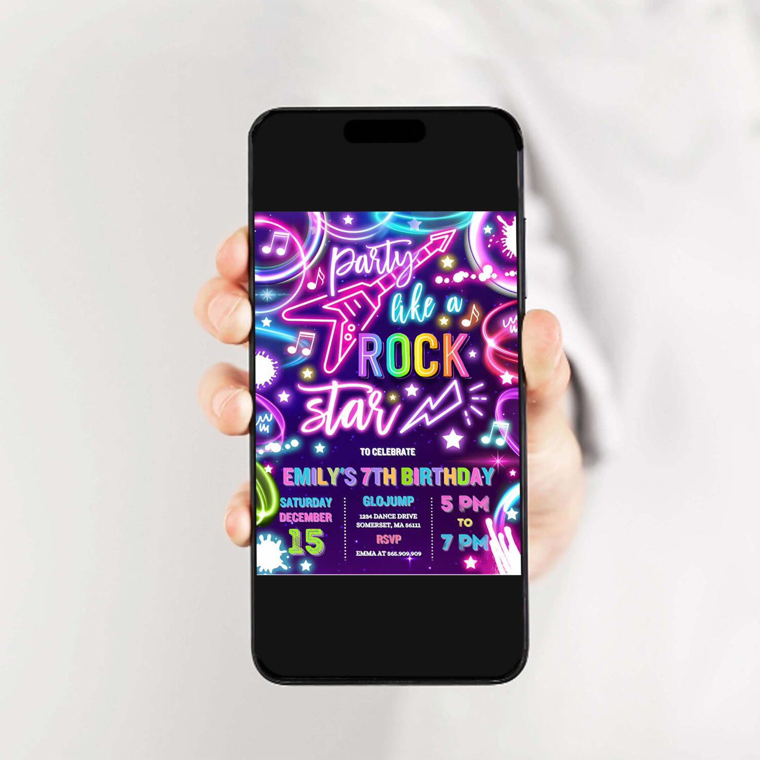 Editable rock star birthday party invitation neon glow party like a rockstar birthday neon glow singing music party 2
