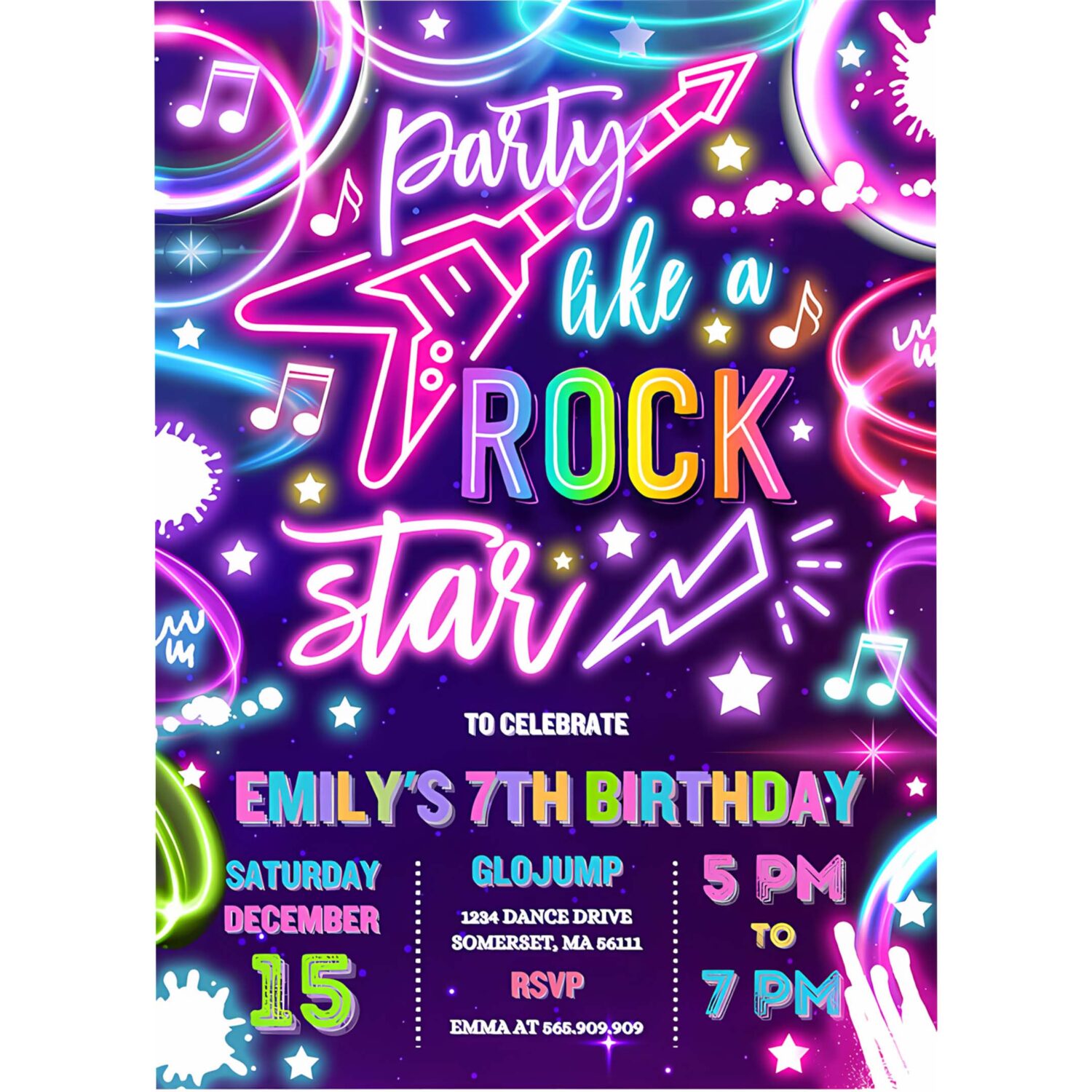 Editable rock star birthday party invitation neon glow party like a rockstar birthday neon glow singing music party 4