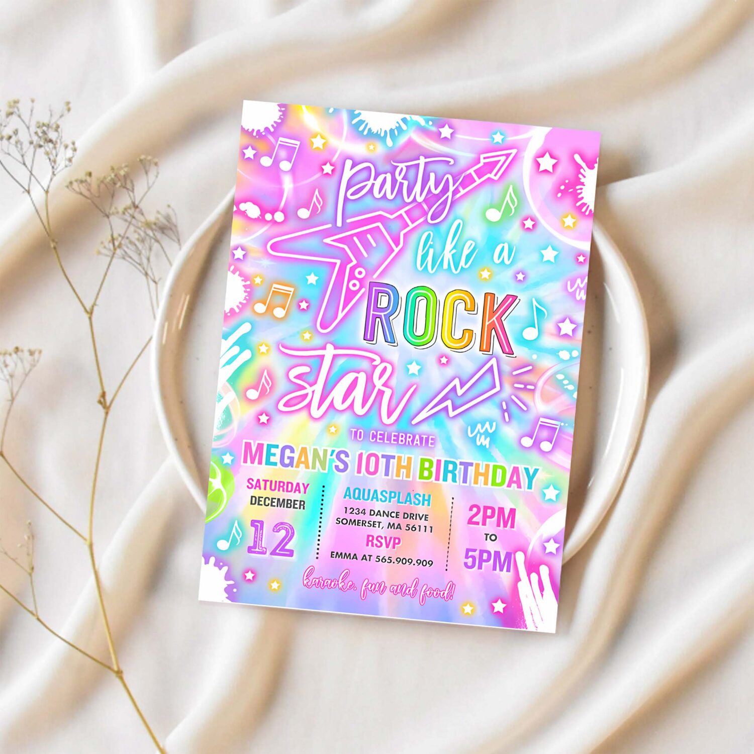 Editable rock star birthday party invitation neon glow party like a rockstar birthday neon glow singing music party instant download cqq 1