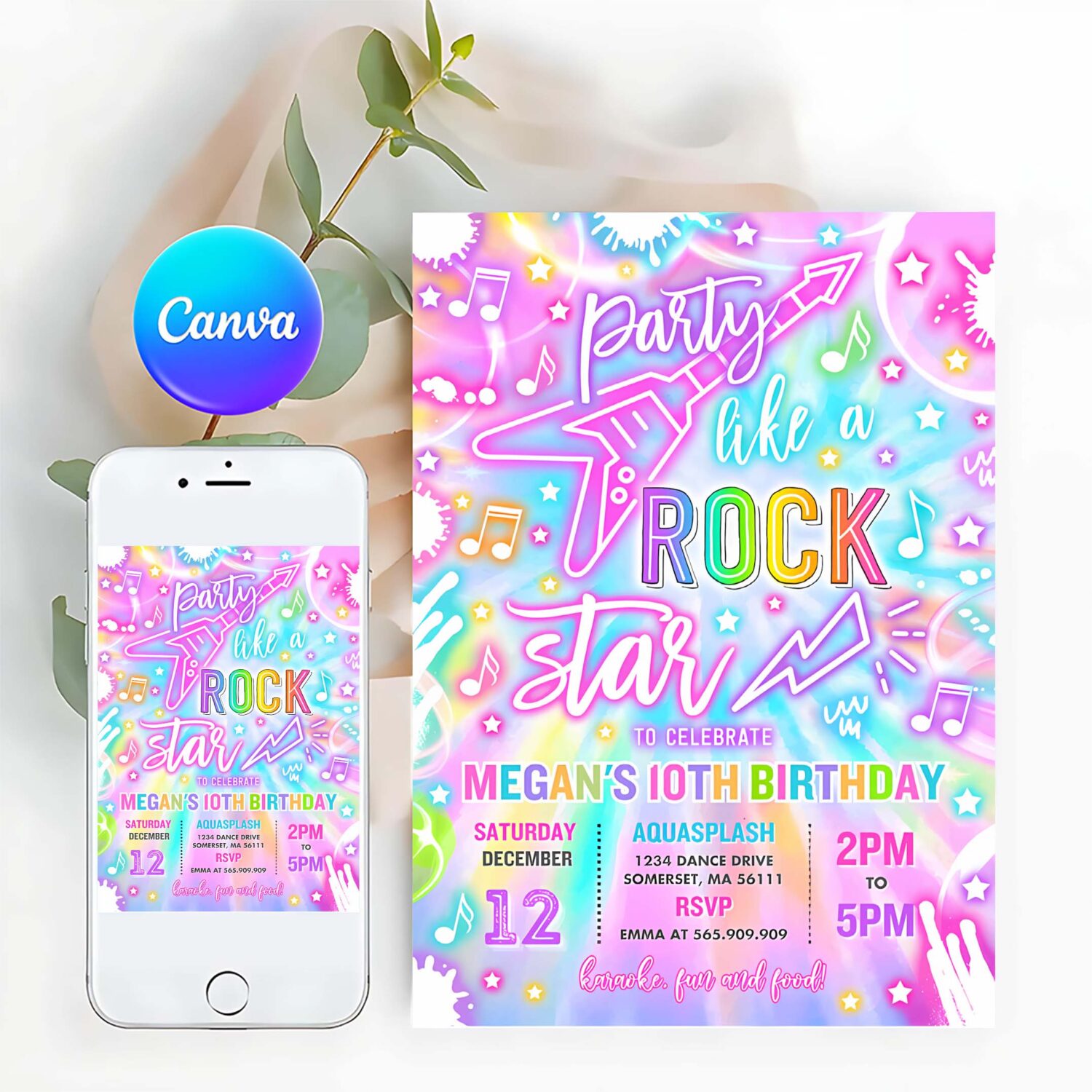 Editable rock star birthday party invitation neon glow party like a rockstar birthday neon glow singing music party instant download cqq