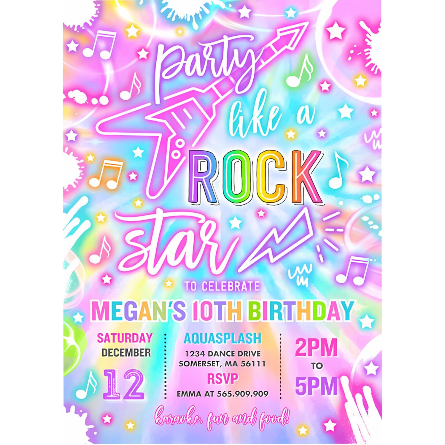 Editable rock star birthday party invitation neon glow party like a rockstar birthday neon glow singing music party instant download cqq 4