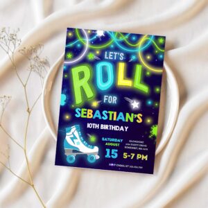 Editable roller skating invitation glow roller skating birthday invitation roller skating neon glow disco dance party 1