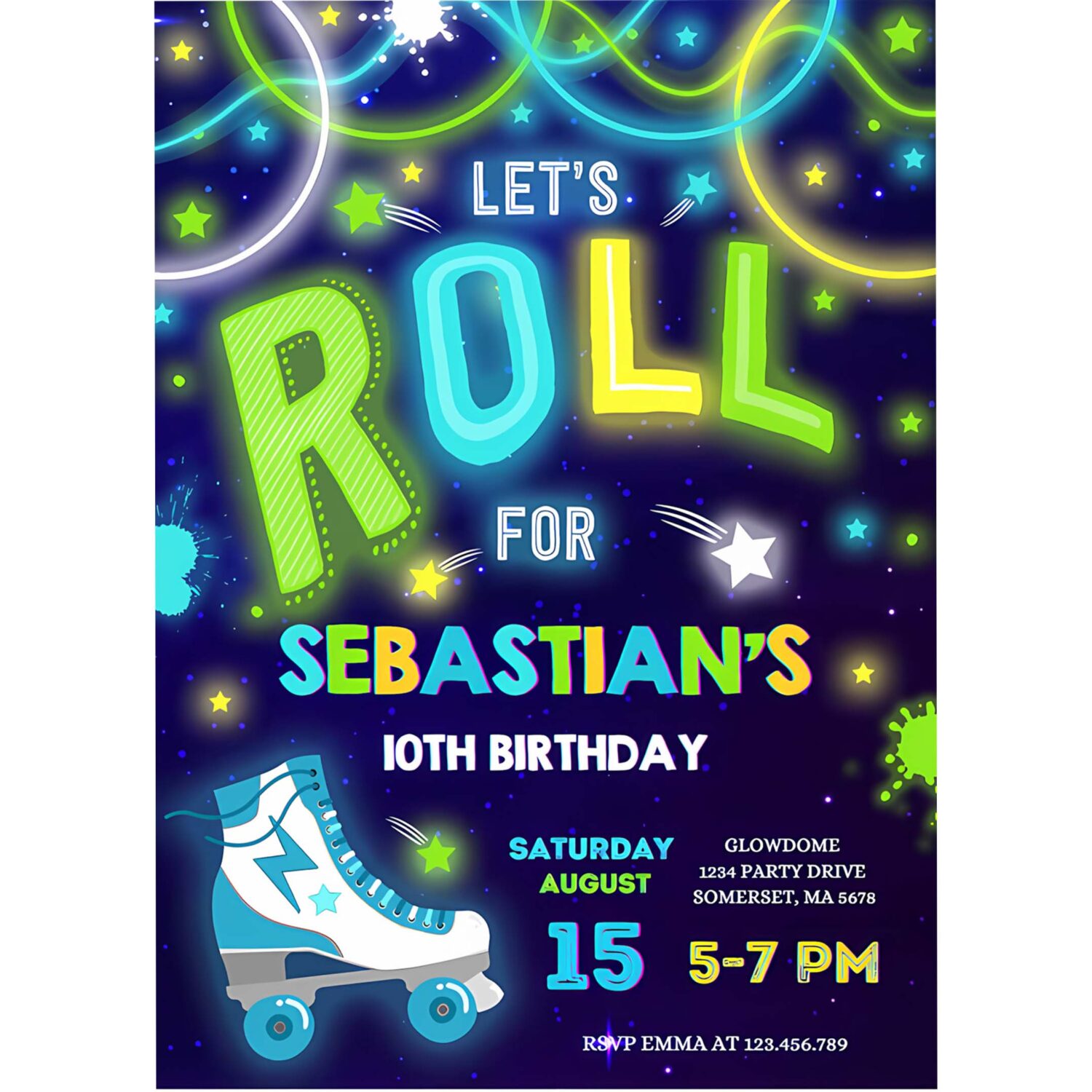 Editable roller skating invitation glow roller skating birthday invitation roller skating neon glow disco dance party 4