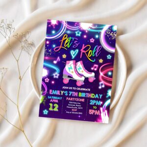 Editable roller skating invitation neon glow roller skating party invite glow roller rink party neon glow skate party 1