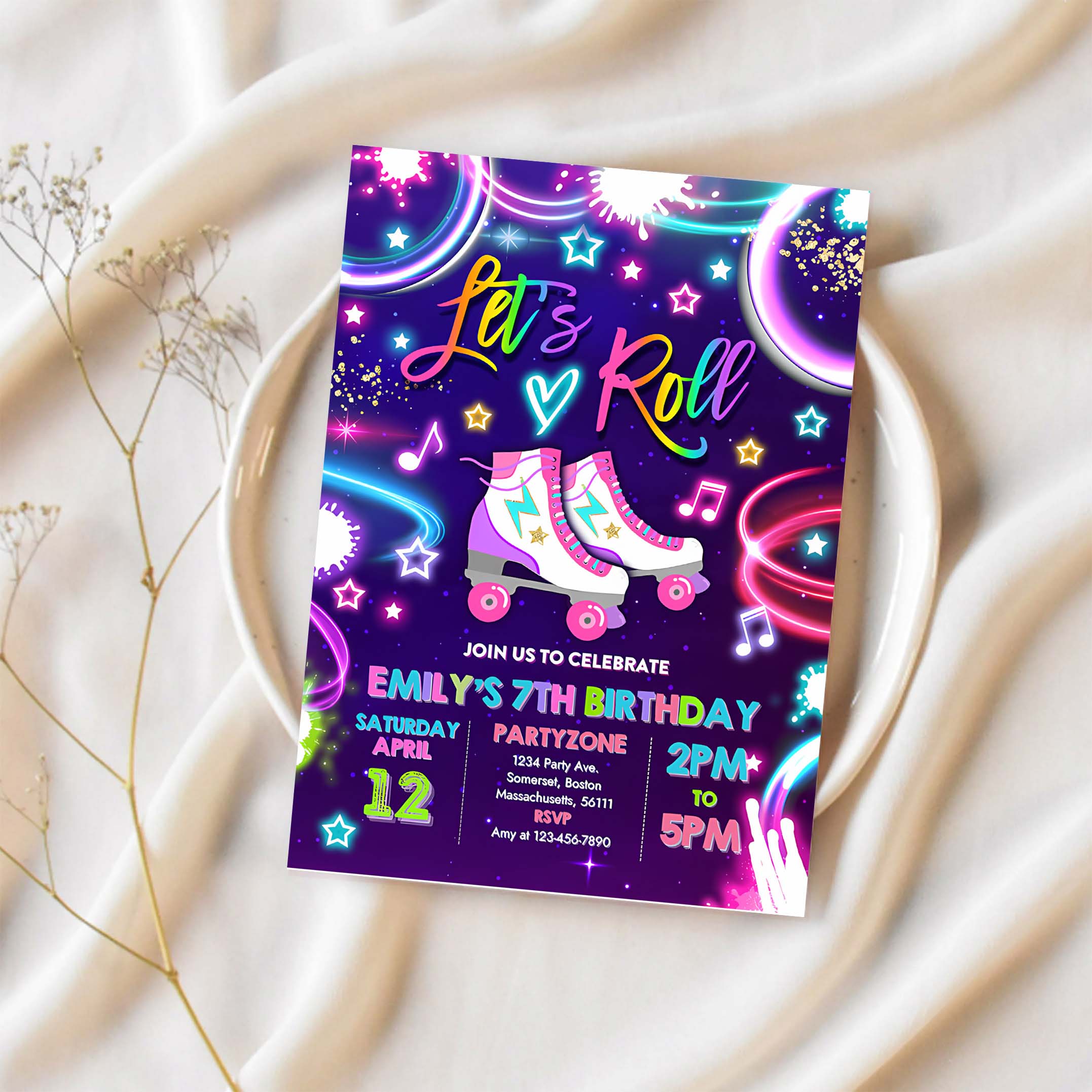 Editable Roller Skating Invitation Neon Glow Roller Skating Party Invite Glow Roller Rink Party Neon Glow Skate Party
