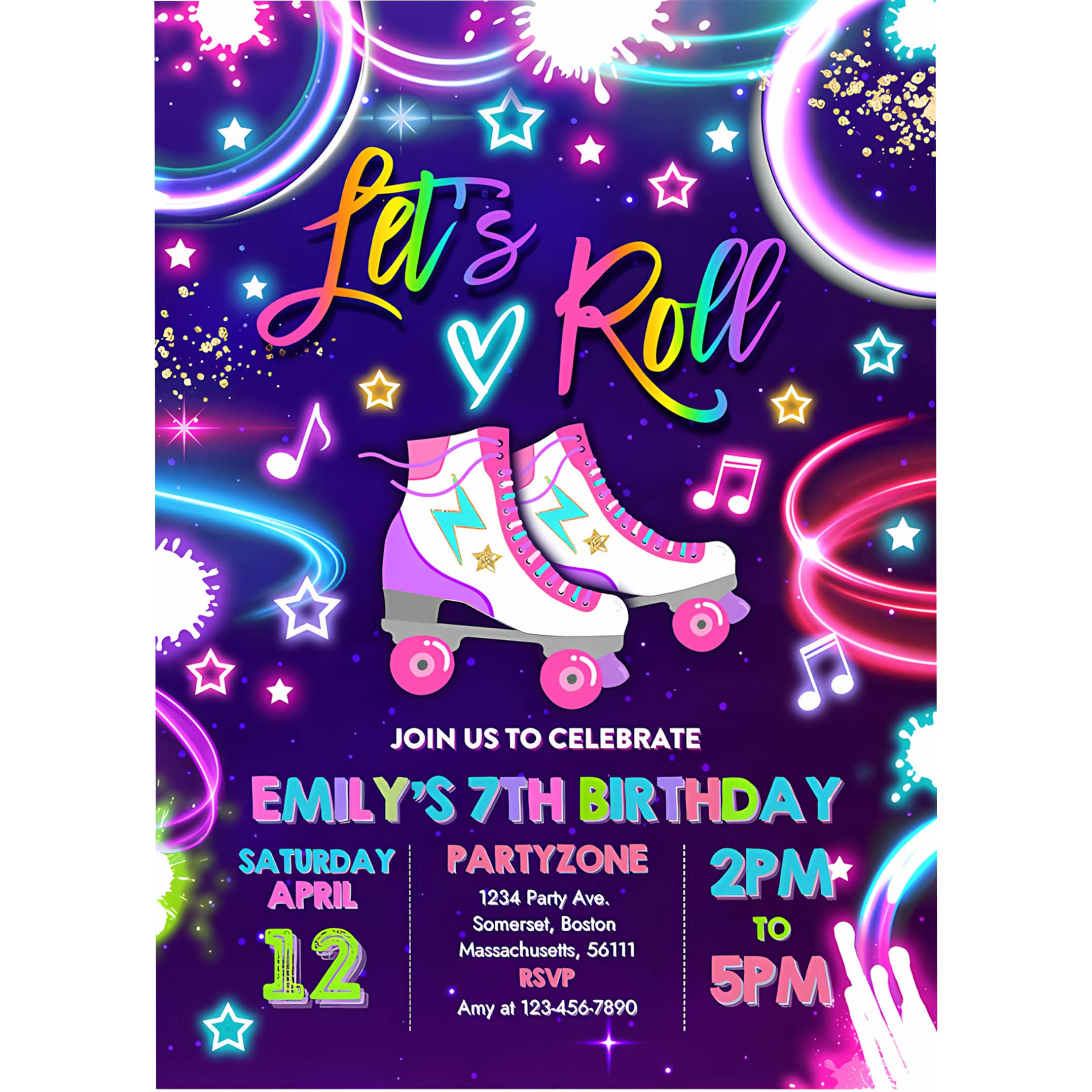 Editable Roller Skating Invitation Neon Glow Roller Skating Party Invite Glow Roller Rink Party Neon Glow Skate Party