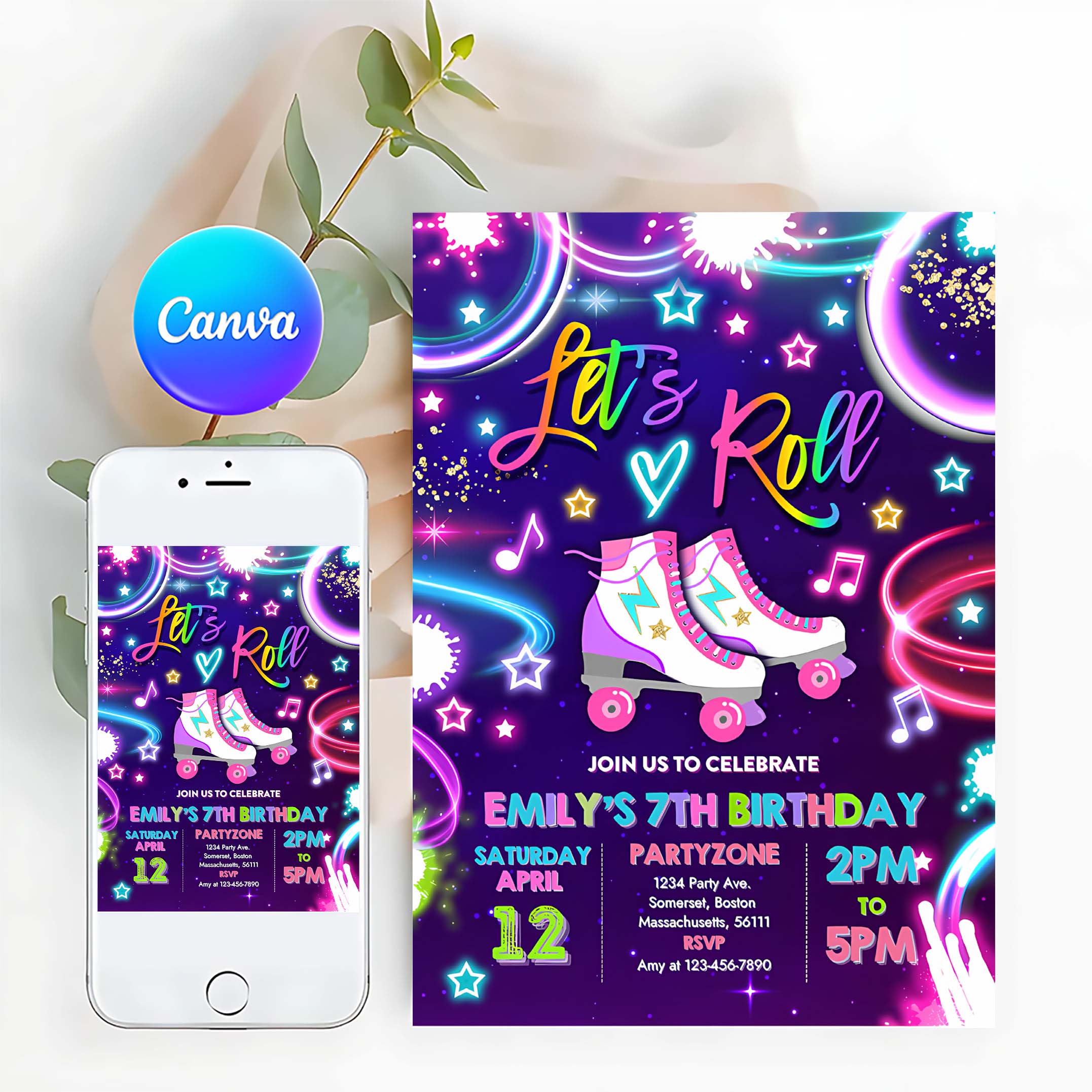 Editable Roller Skating Invitation Neon Glow Roller Skating Party Invite Glow Roller Rink Party Neon Glow Skate Party