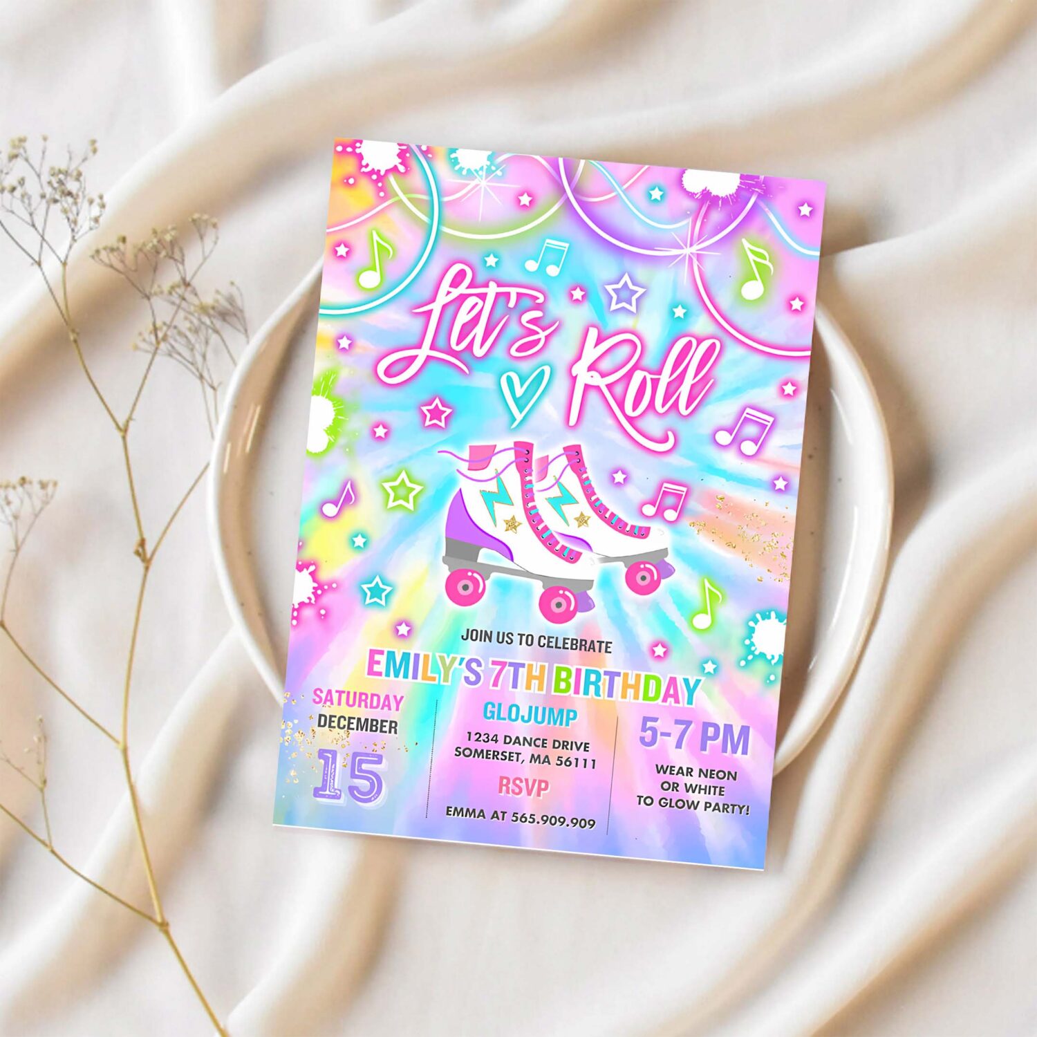 Editable roller skating invitation tie dye roller skating party invite glow tie dye skating party neon glow skate party 1
