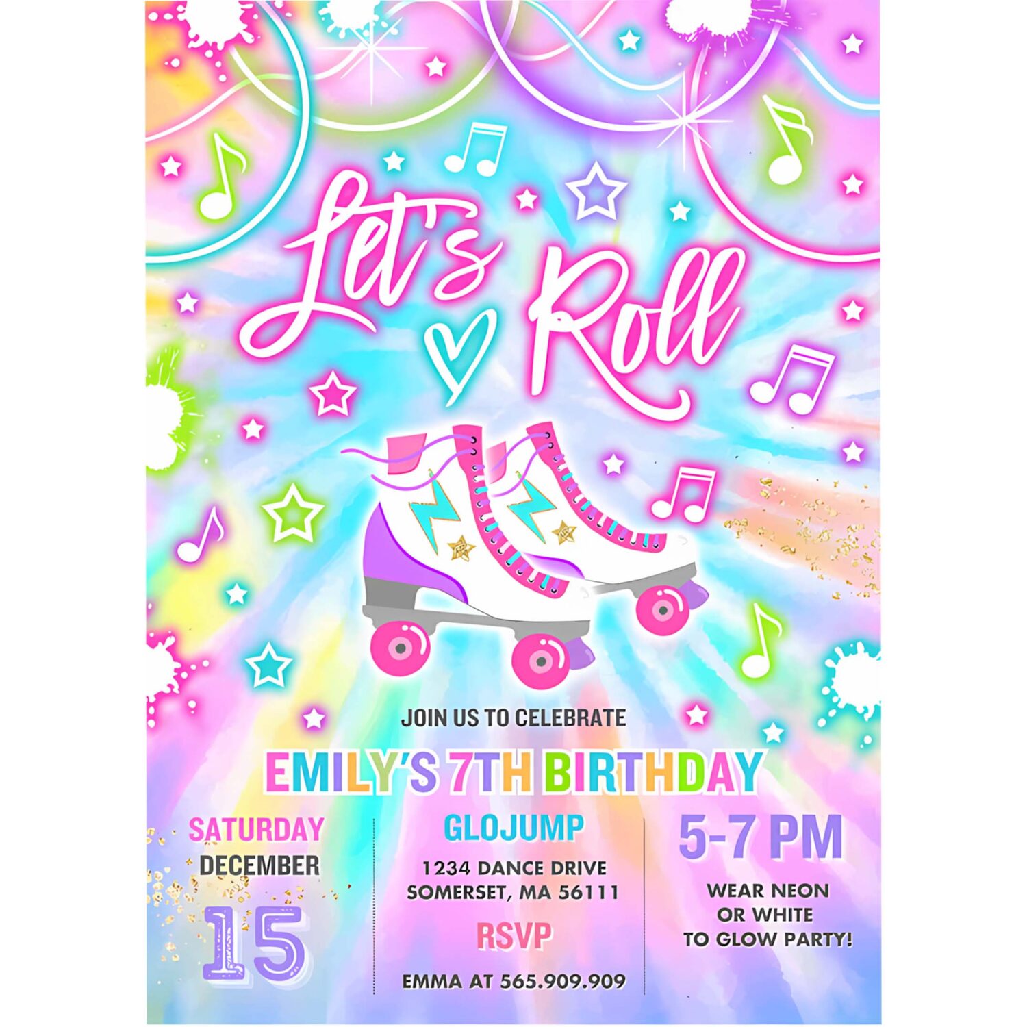 Editable roller skating invitation tie dye roller skating party invite glow tie dye skating party neon glow skate party 4