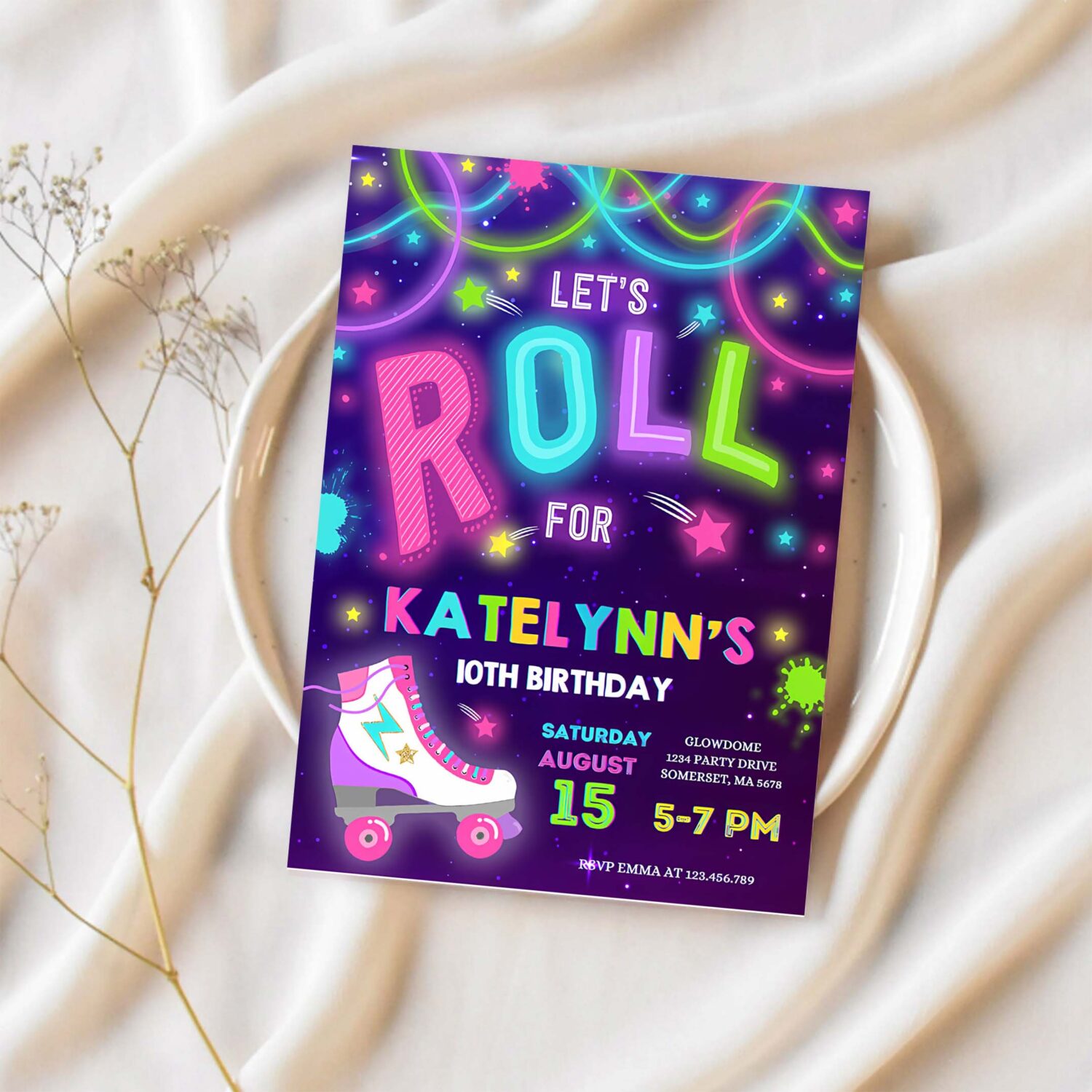 Editable roller skating party invitation glow roller skating birthday invitation roller skating neon glow disco dance party 1