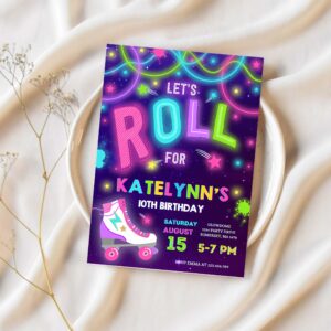 Editable roller skating party invitation glow roller skating birthday invitation roller skating neon glow disco dance party 1