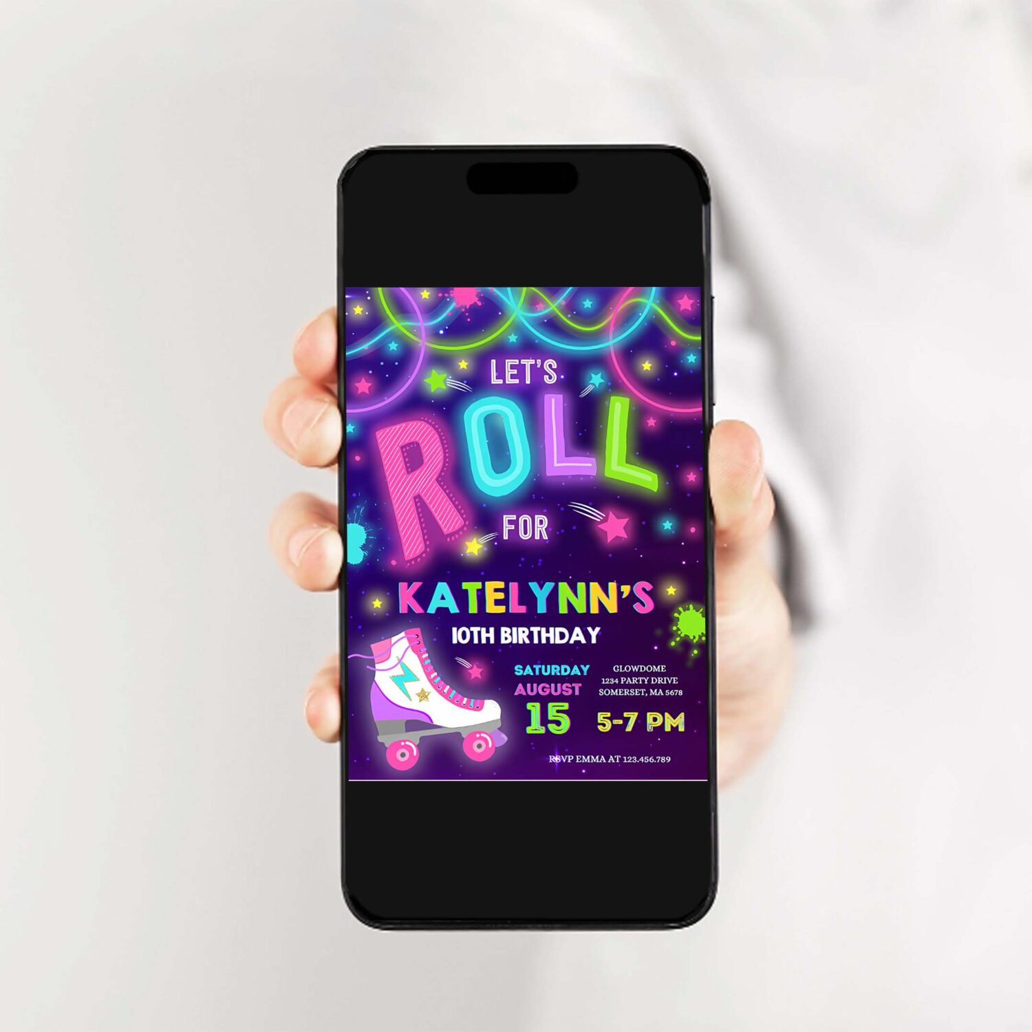Editable roller skating party invitation glow roller skating birthday invitation roller skating neon glow disco dance party 2