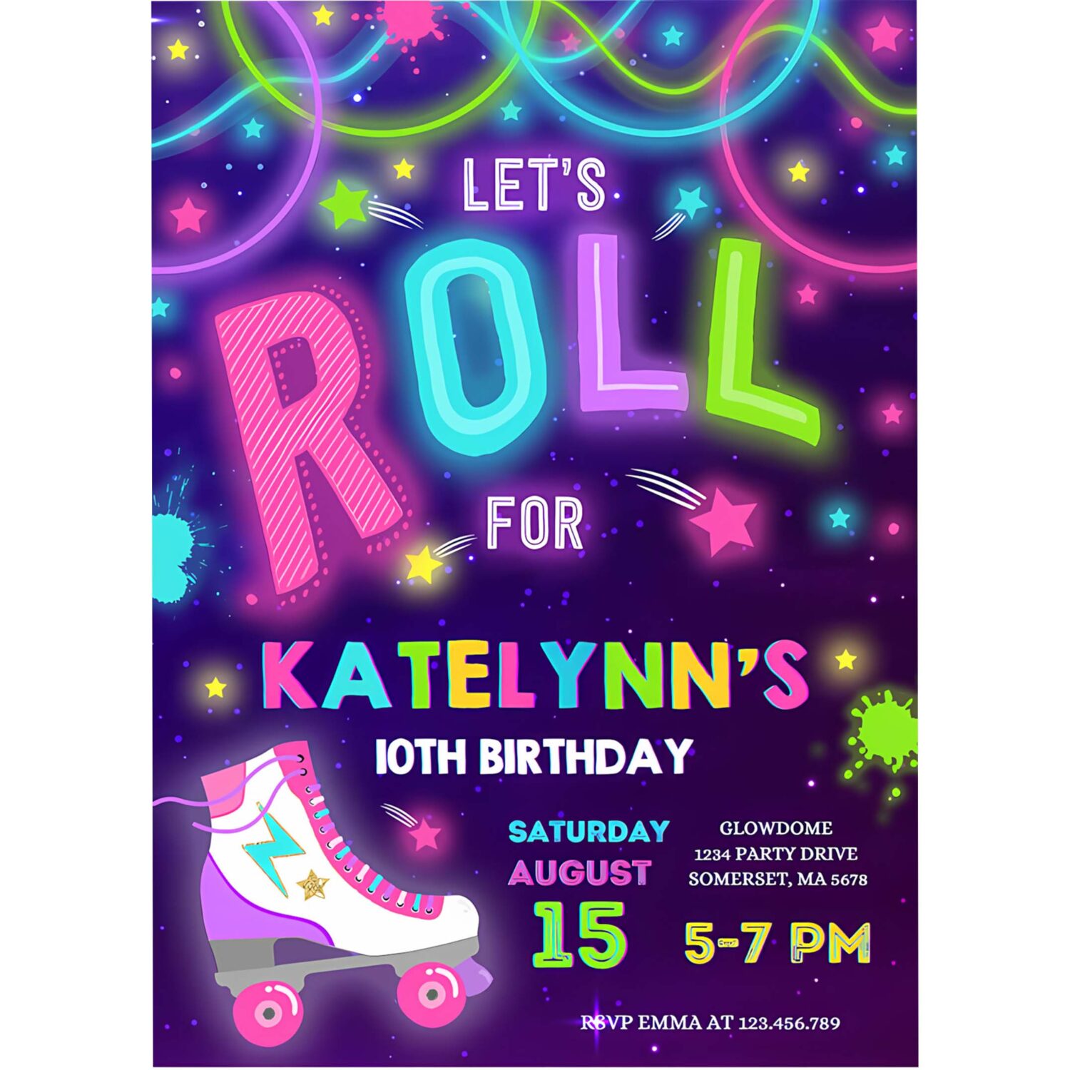 Editable roller skating party invitation glow roller skating birthday invitation roller skating neon glow disco dance party 4