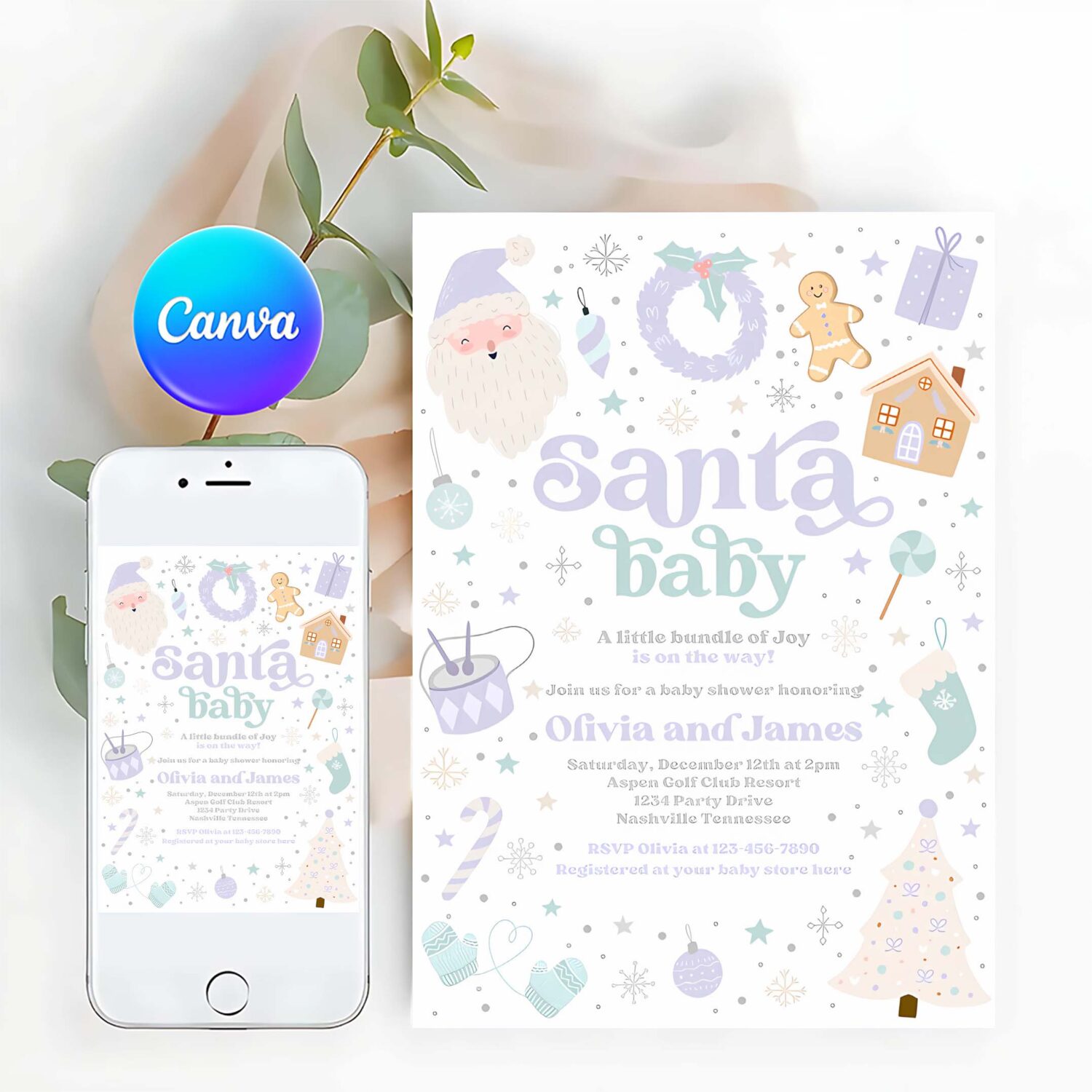 Editable santa baby invitation santa christmas baby shower invitation santa baby purple and blue christmas shower instant download 55y