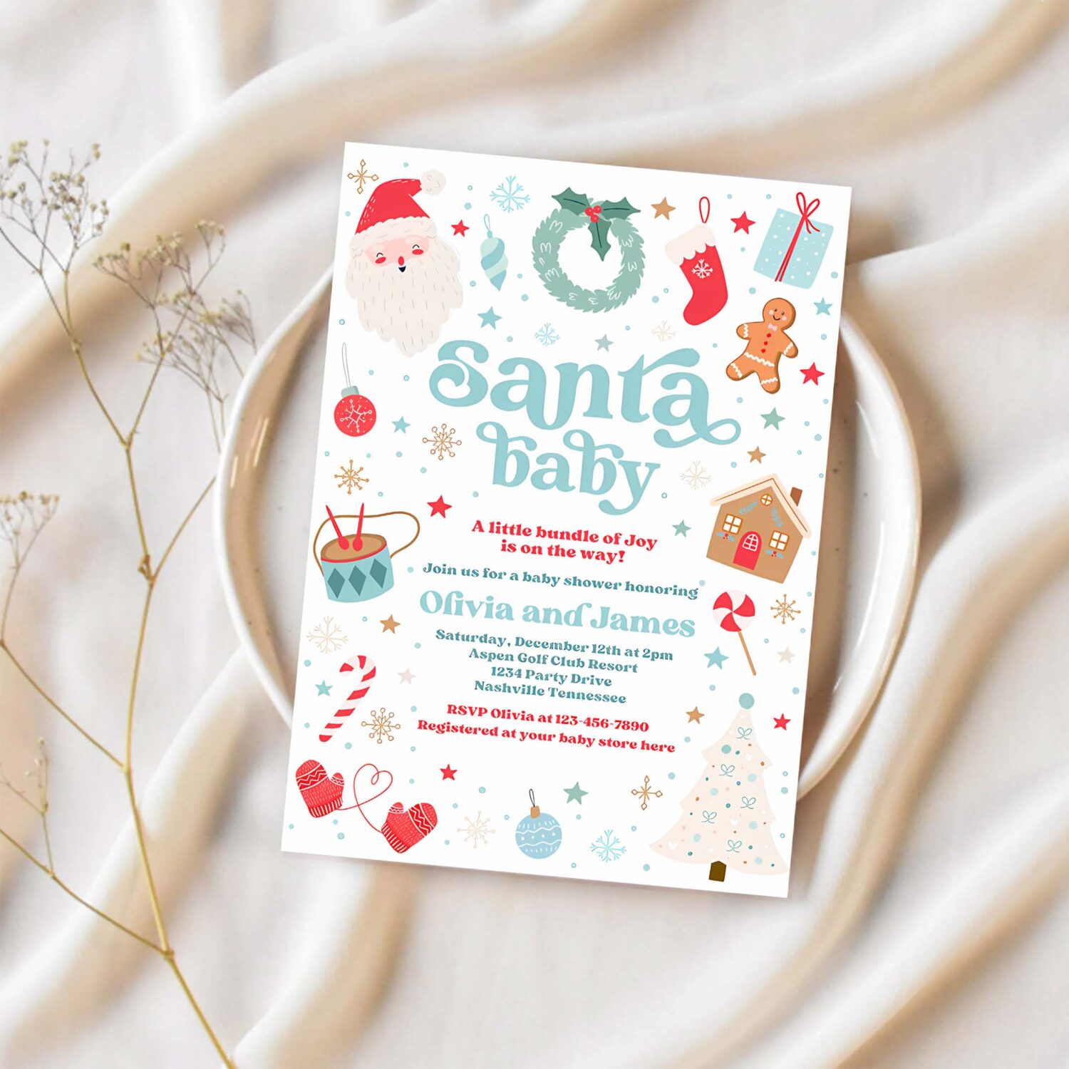 Editable santa baby invitation santa christmas baby shower invitation santa baby shower blue boy christmas shower instant download 55r 1