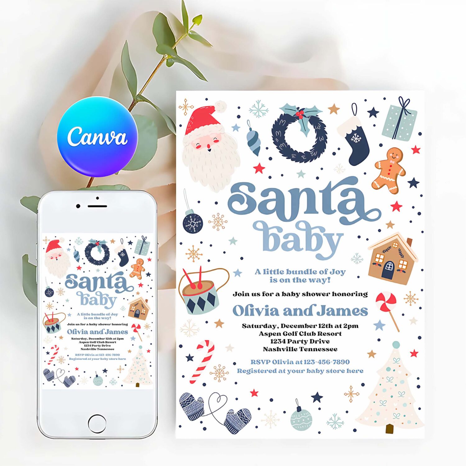 Editable santa baby invitation santa christmas baby shower invitation santa baby shower red and blue christmas shower instant download hhu