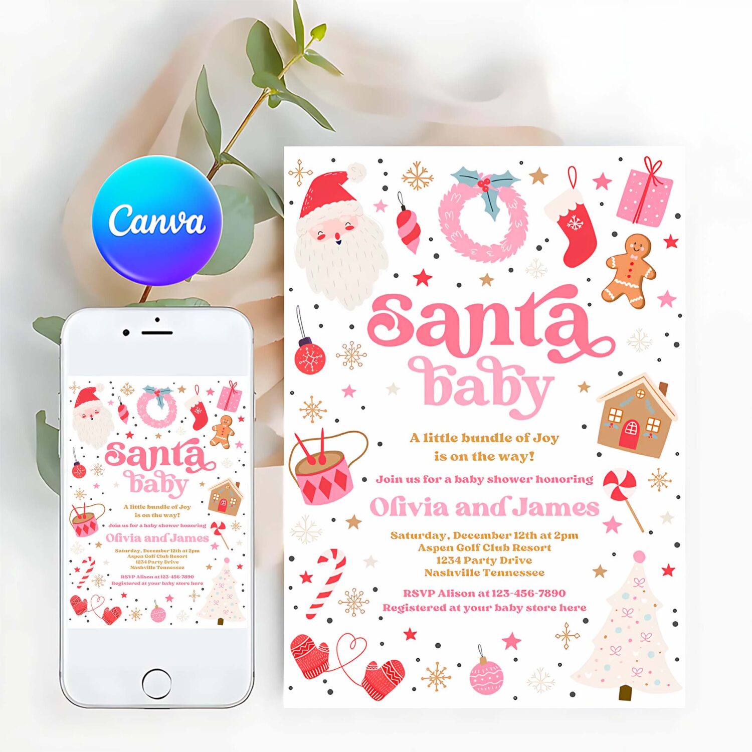 Editable santa baby invitation santa christmas baby shower invitation santa baby shower red and pink christmas shower instant download hht