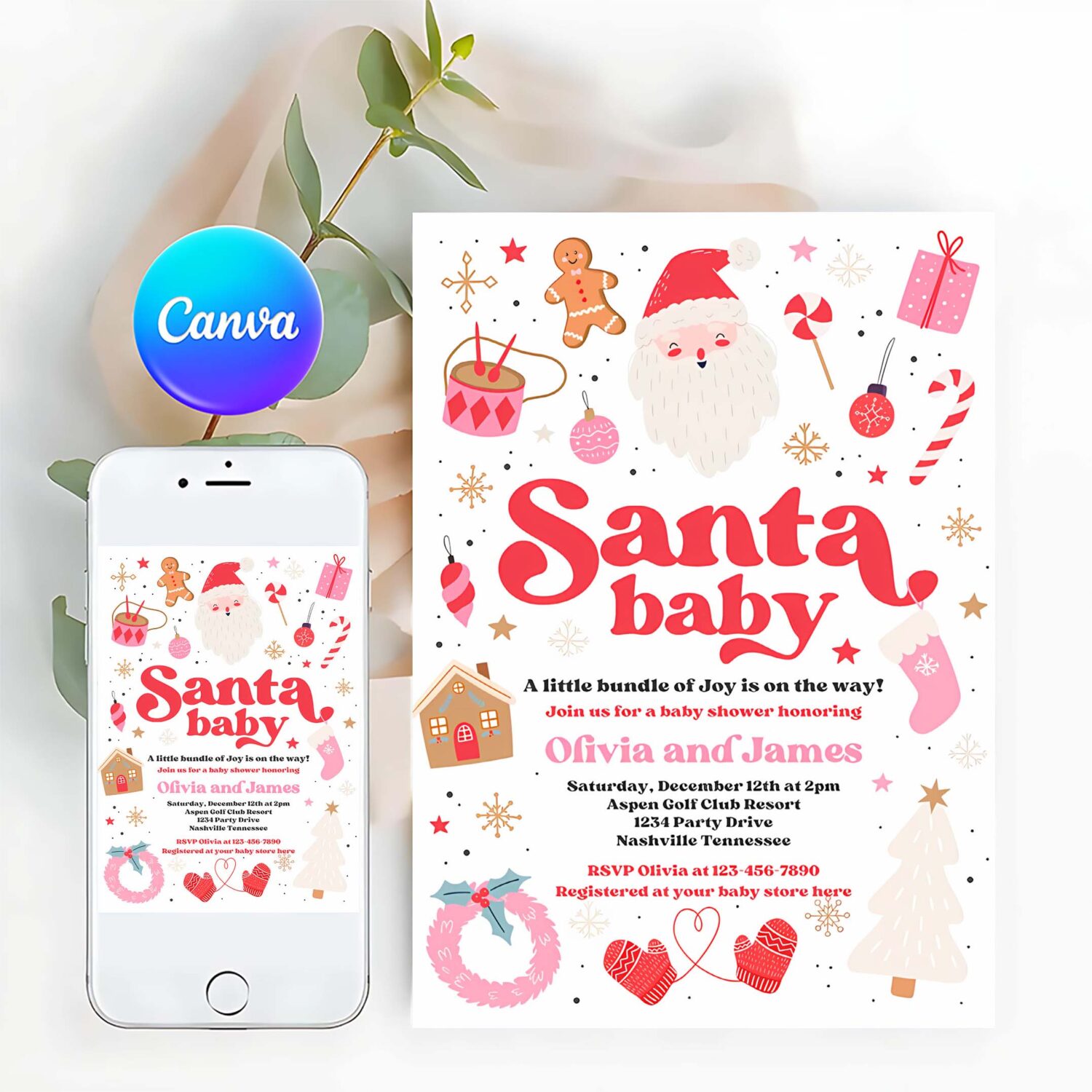 Editable santa baby invitation santa christmas baby shower invitation santa baby shower red and pink christmas shower instant download hhy